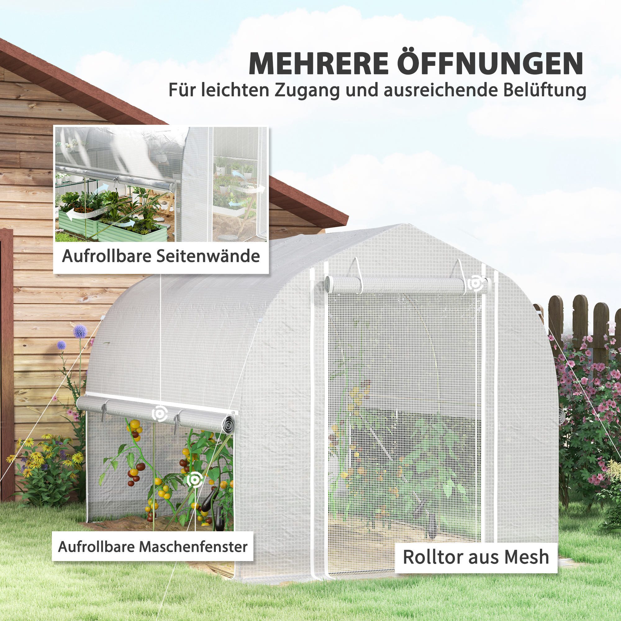 MC Star Gewächshaus 3x2x2 m Foliengewächshaus mit 4 Fenster & Tür, Aufrollbar Seitenwänden, Aufrollbar Seitenwänden, UV-beständiger Folientunnel Tomatenhaus