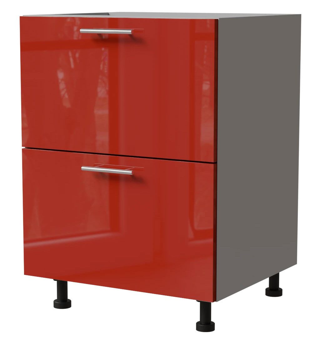 Feldmann-Wohnen Unterschrank Brerra (D2R/60, 2 Schubladen, REJS Komfort Box Vollauszug, 1-St., moderne Optik, lackierte Fronten, 60x50x82cm) grau / RAL 3002 karminrot Hochglanz