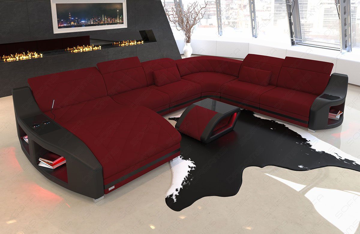 Sofa Dreams Wohnlandschaft Designersofa Polsterstoff XXL Sofa dunkelrot-schwarz wahlweise Couch Stoffsofa, Bettfunktion M Mikrofaser mit Swing