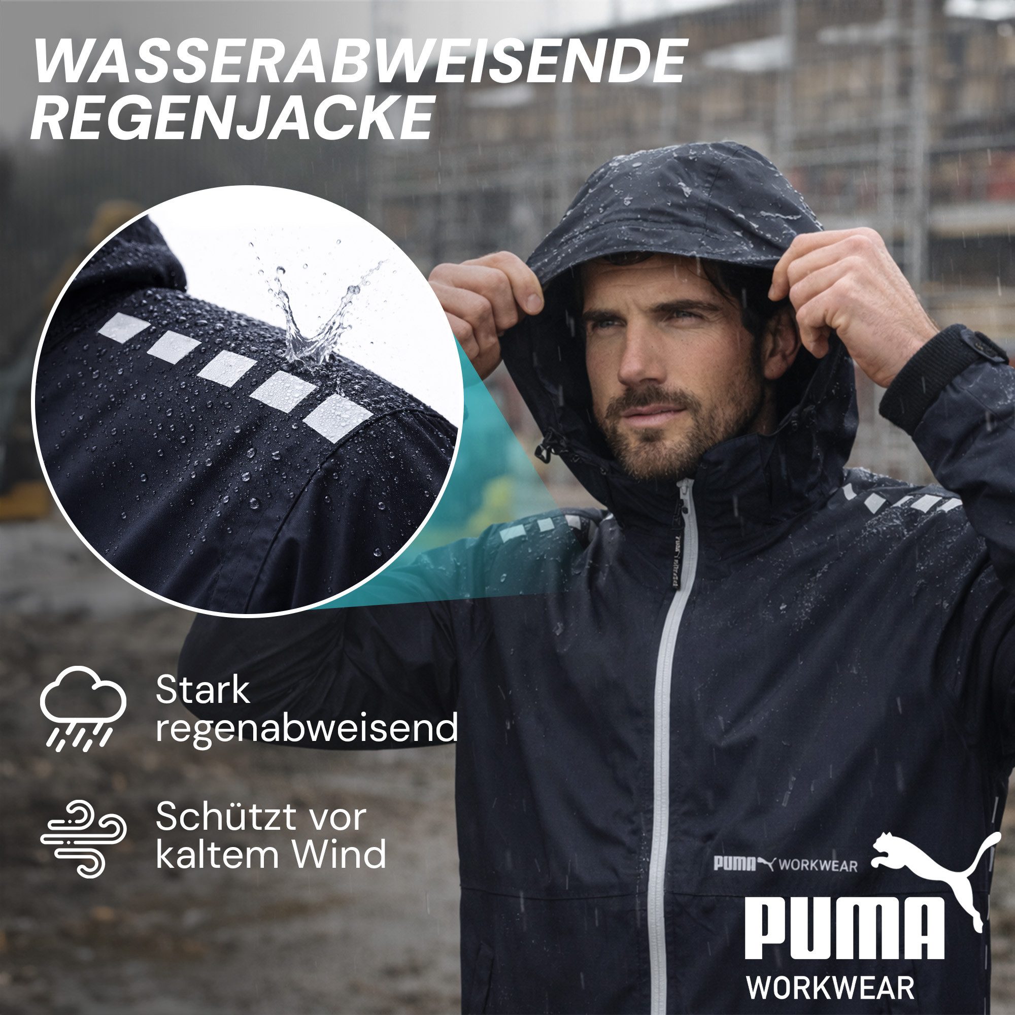PUMA Workwear Regenjacke Herren - Wasserdicht - Leichter Windbreaker Fahrradjacke mit Kapuze Robuste und Atmungsaktive Arbeitsjacke für Handwerk & Bauarbeit