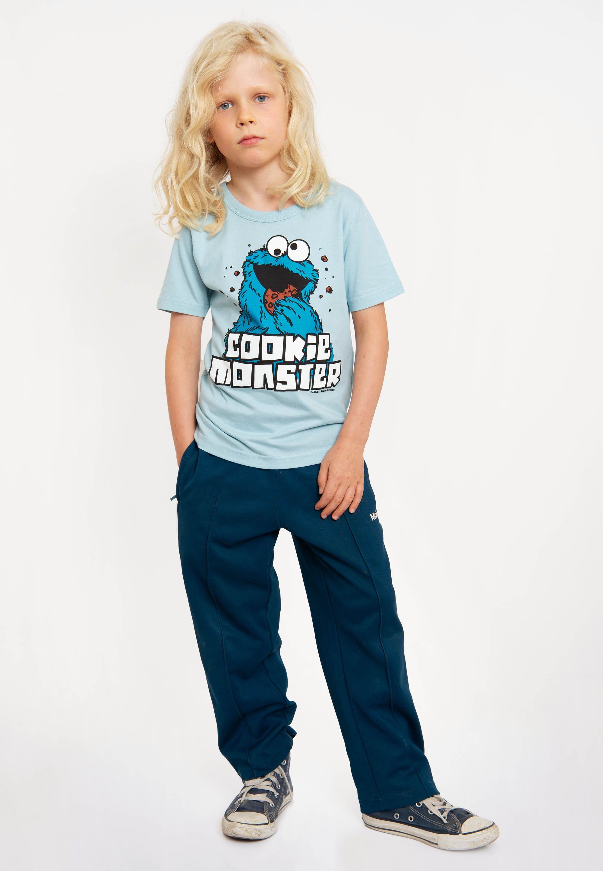 Krümelmonster hellblau mit Sesamstraße LOGOSHIRT T-Shirt coolem Frontprint -