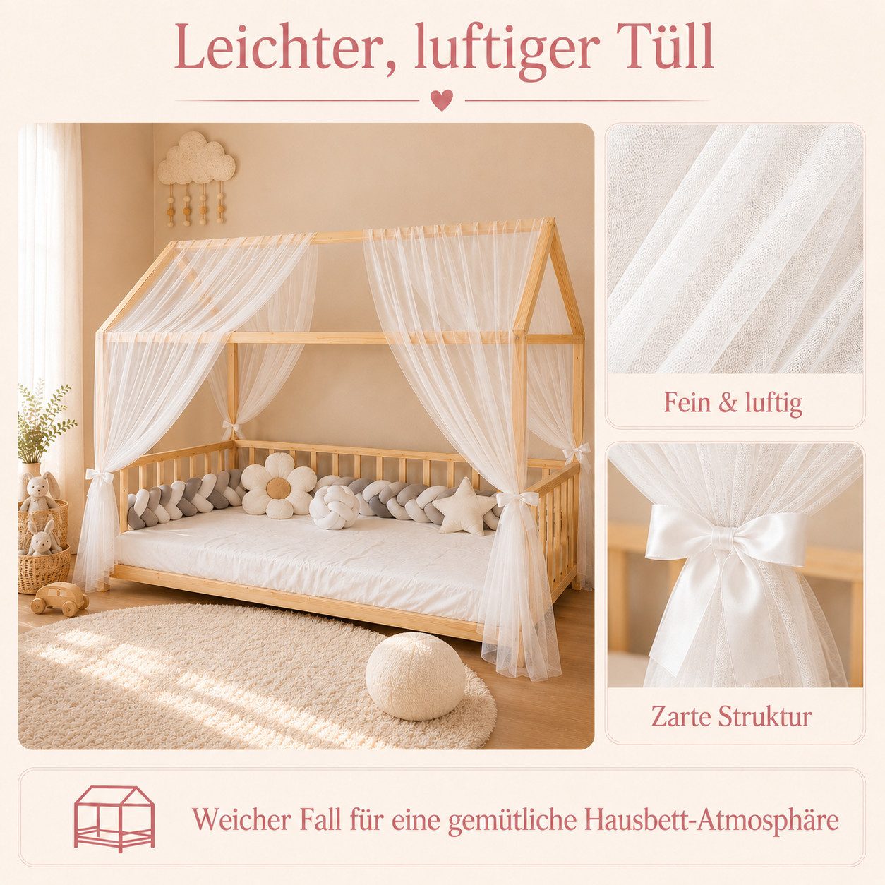 Baby Fancyroom Betthimmel Hausbett Himmel Premium Tüll, Baldachin für Kinderbett Mädchenzimmer, 2-teilig, mit 4 Schleifen, Premium Tüll