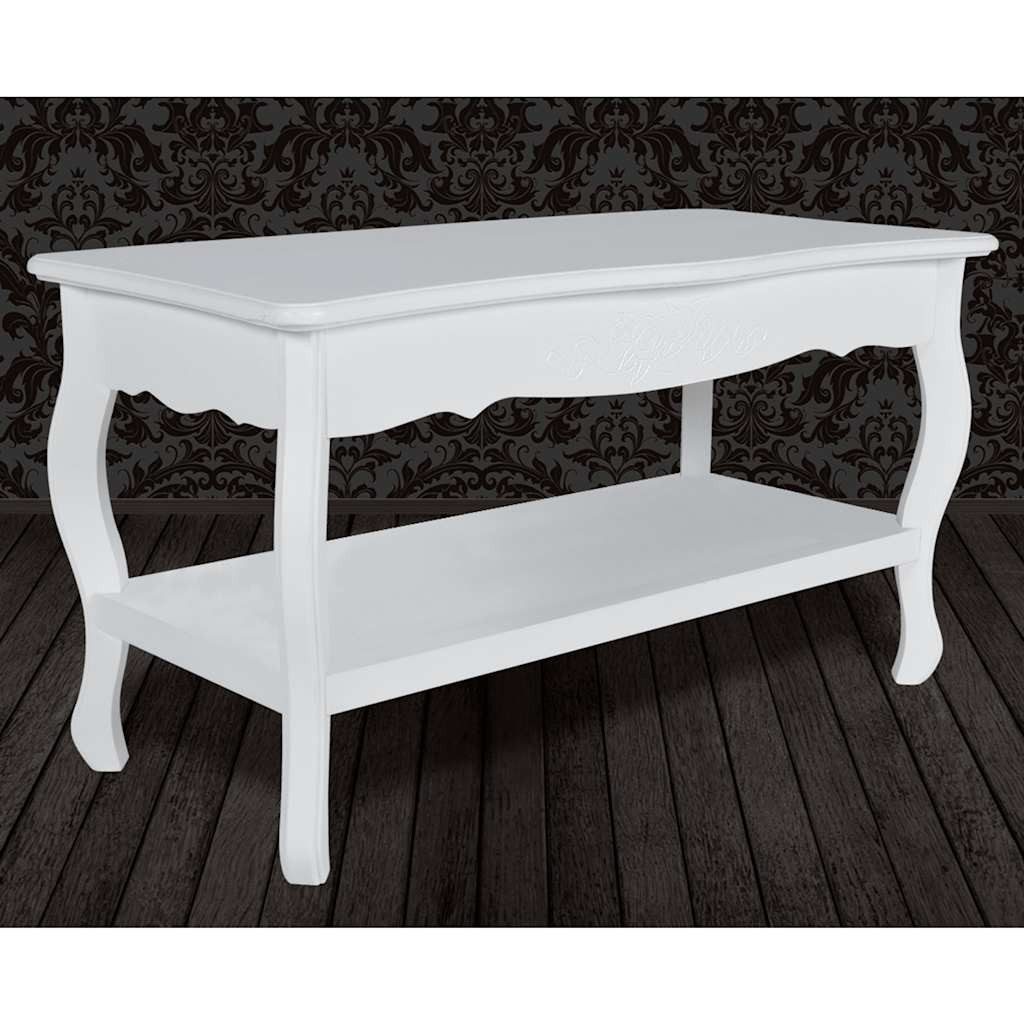 furnicato Couchtisch mit Ablage 87,5x42x44 cm Weiß aus Massivholz (1-St), Wohnzimmertisch im französischen Provinzstil mit extra Ablagefläche