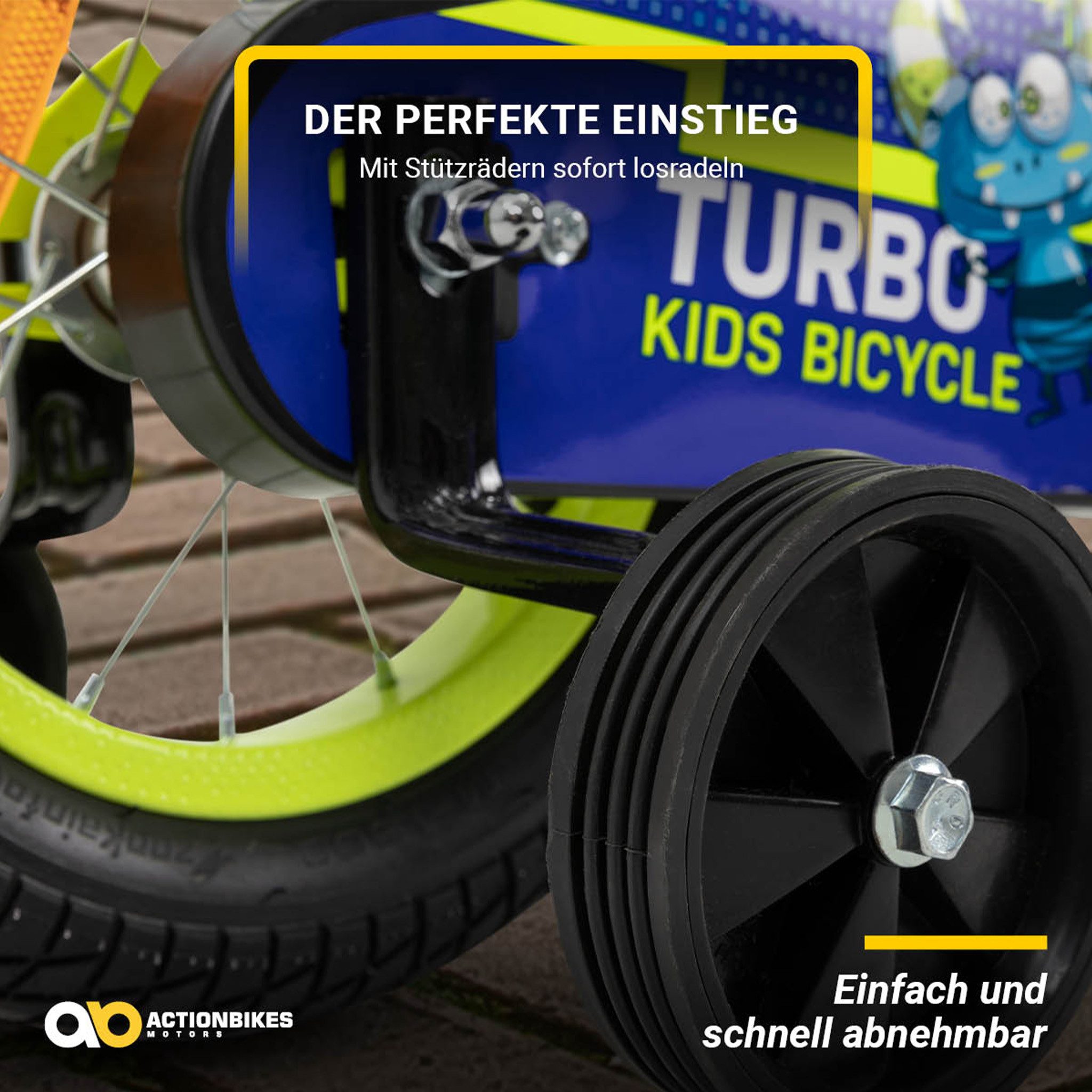 Actionbikes Motors Kinderfahrrad Kinder Fahrrad Turbo mit Stützräder, 1 Gang, ohne Schaltung, (12 Zoll, ab 95 cm Körpergröße, max. Zuladung 35 kg, Stützräder, Reflektoren, Antirutschgriffe, Lenkerschutz, Kettenschutz, V-Brake-Bremse, Luftbereifung, Schutzbleche, gelb / blau), höhenverstellbares Bike Jungen Mädchen Kinderrad ab 2 Jahre