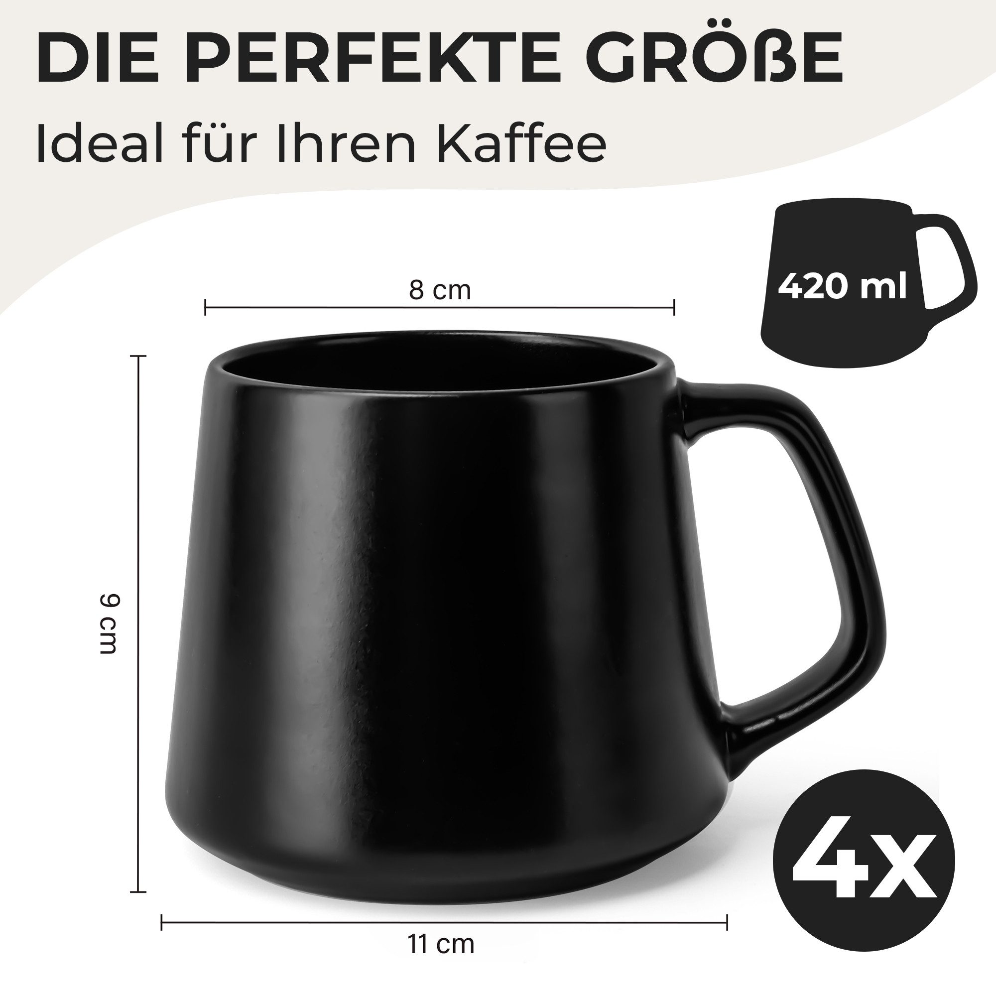 MiaMio Tasse Luxe Kaffeebecher 420 ml Schwarz, 4-tlg., Keramik