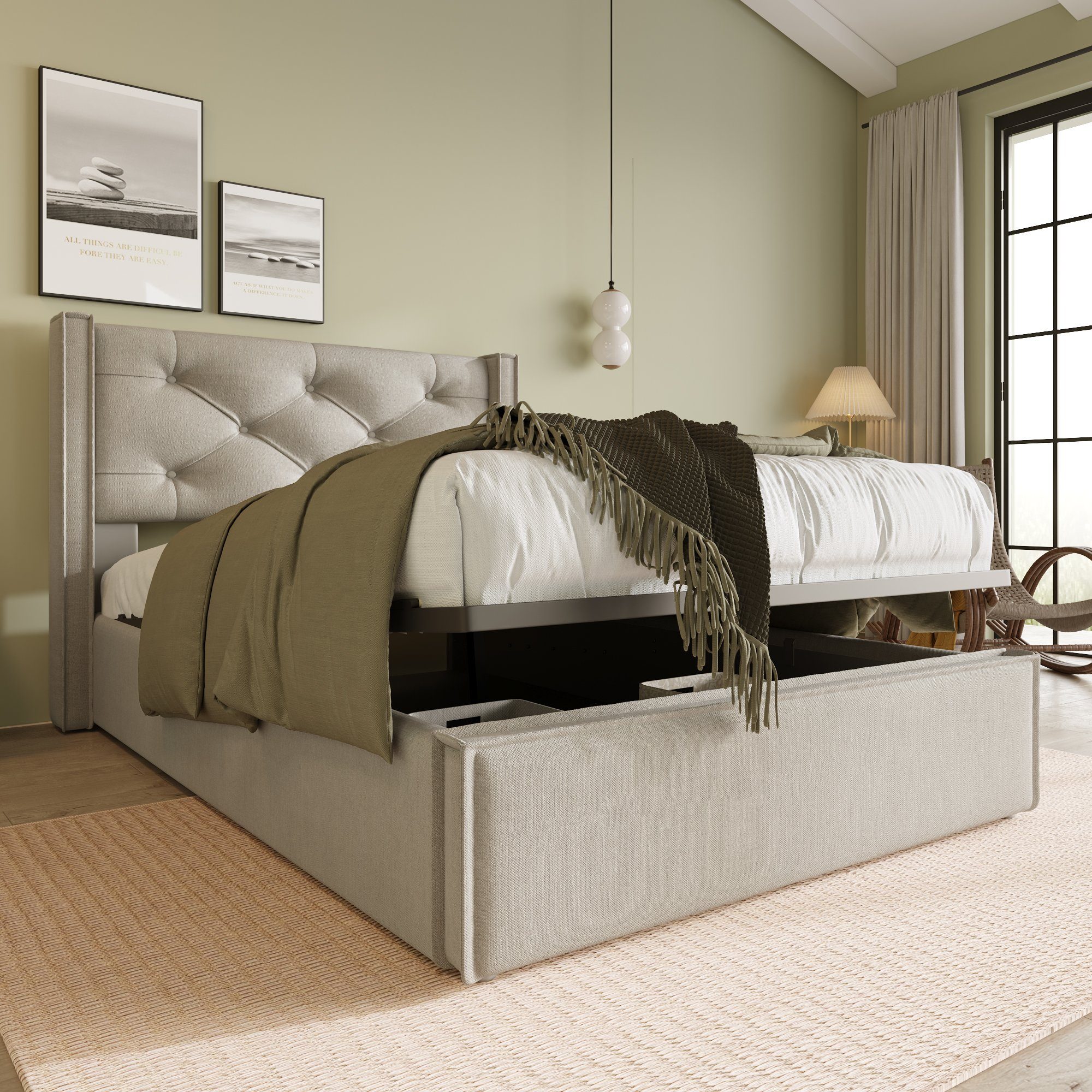 OKWISH Polsterbett Hydraulisches, 90x200cm,Bett mit Lattenrost aus Metallrahmen, ohne Matratze Hellgrau
