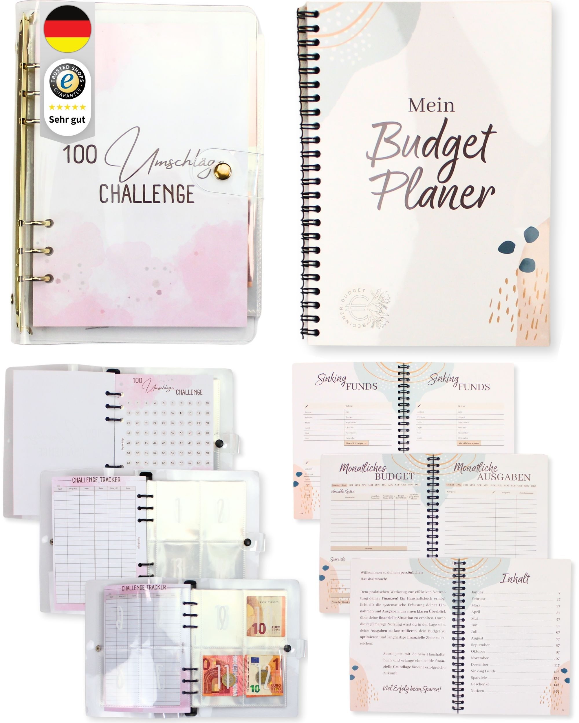 BeginnerBudget Ringbuchmappe Budget Planner Haushaltsbuch + 100 Umschläge Spar-Challenge (Packung, Set), Envelope Spar-Challenge für Bargeld – A5 Clear Binder Sparbuch