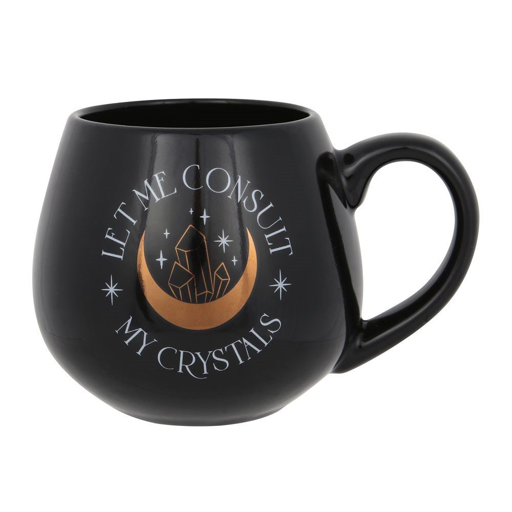 MystiCalls Tasse Tasse mit Aufdruck "Let me consult my crystals" Kristalle Esoterik, New Bone China, 500ml Fassungsvolumen