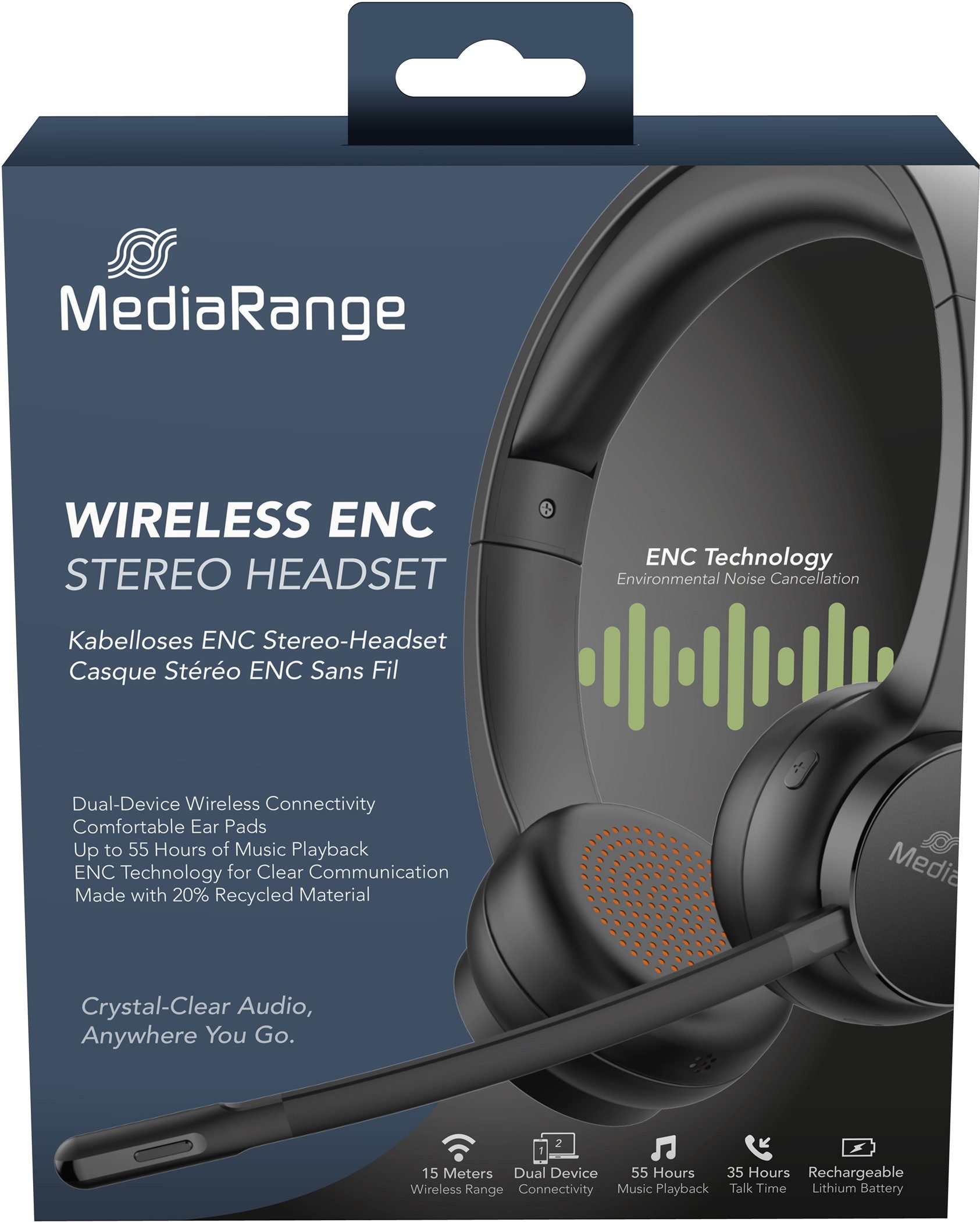 Mediarange kabelloses ENC Stereo-Headset mit Mikrofon-Arm schwarz MROS307 Headset