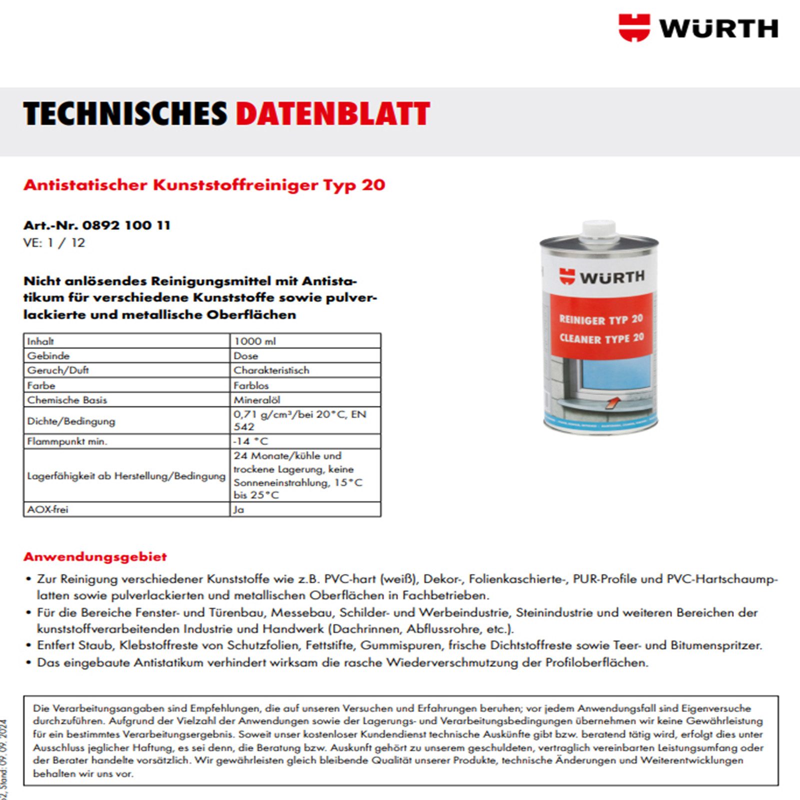 Würth Würth Kunststoffreiniger Antistatisch Typ 20, 089210011 Kunststoffreiniger (1-St)