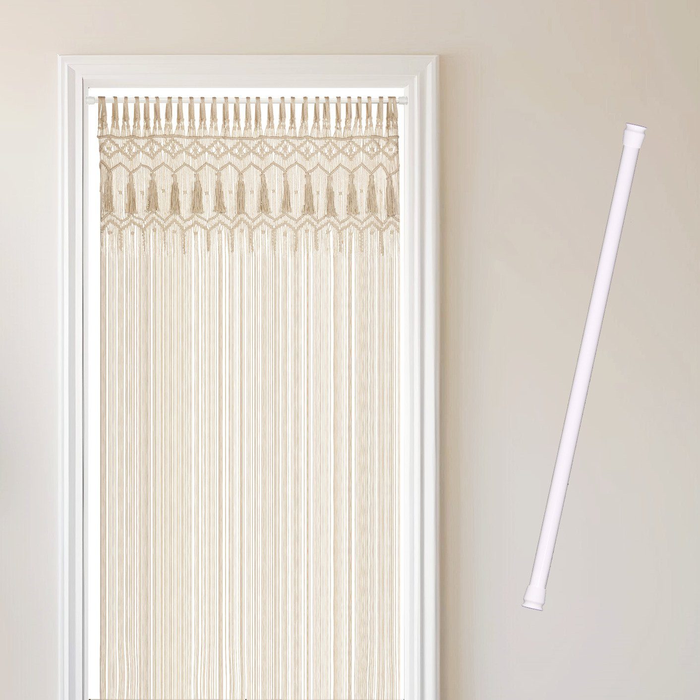 Cozyor Türvorhang Makramee 132 x 200 cm Boho Vorhang Fenstervorhang Raumteiler (1 St), Schlaufen, Baumwolle, mit Vorhangstange ohne Bohren beige, Wandteppich Wandbehang