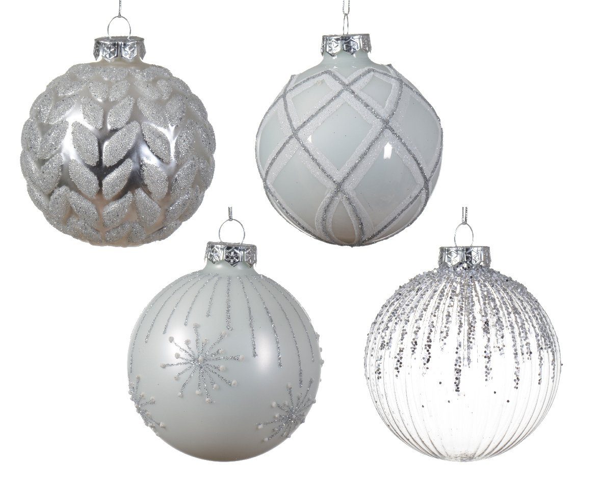 Decoris / season Glas Weiß Silber Set Weihnachtskugeln 8cm, decorations 12er - Weihnachtsbaumkugel, Ornamente Mix