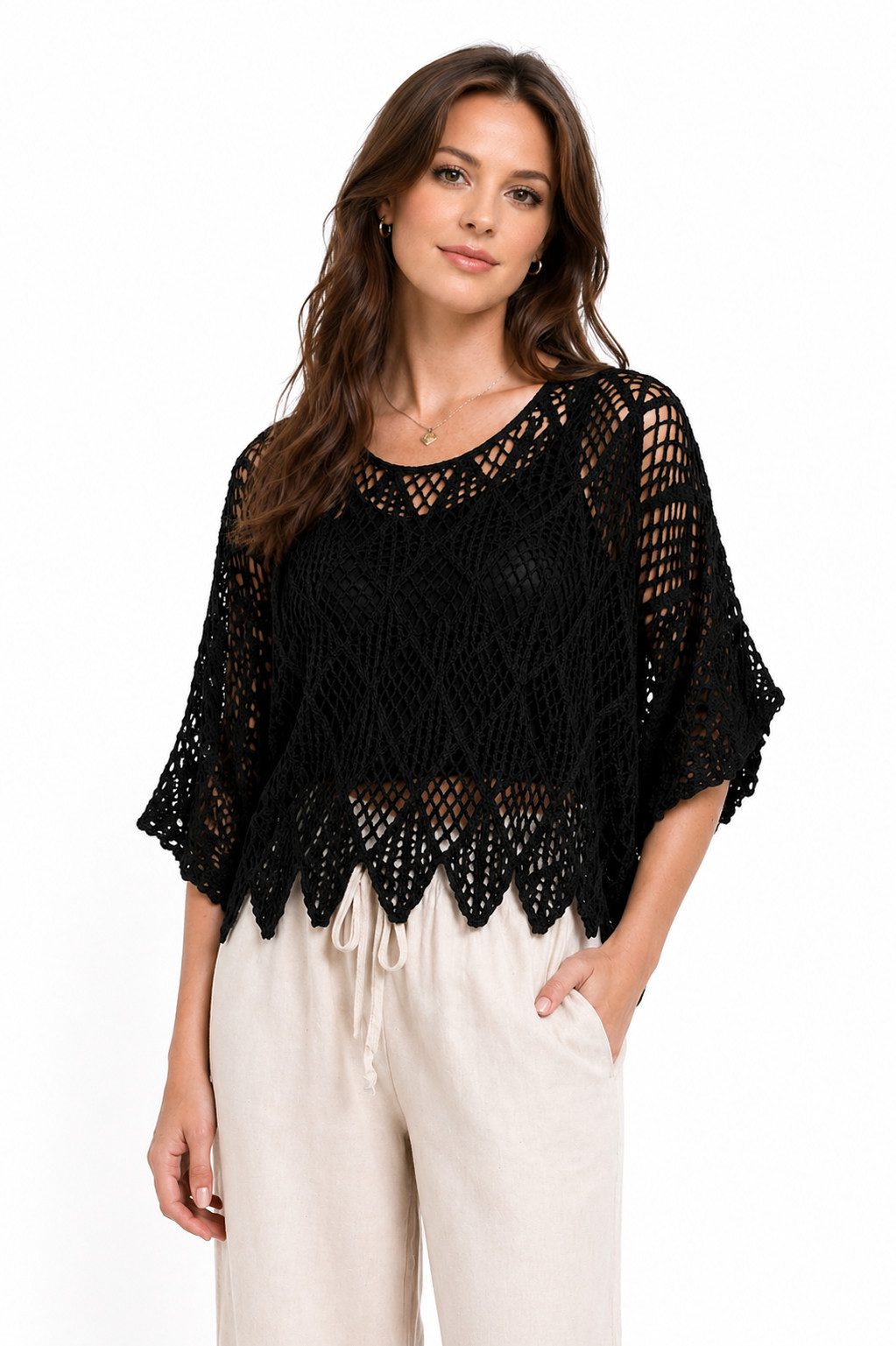 ITALY VIBES Blusenponcho - Poncho - Häkelshirt Damen - Häkelbluse - gratis Untershirt - Top ONE SIZE / passend für Größe XS - L - gratis Top