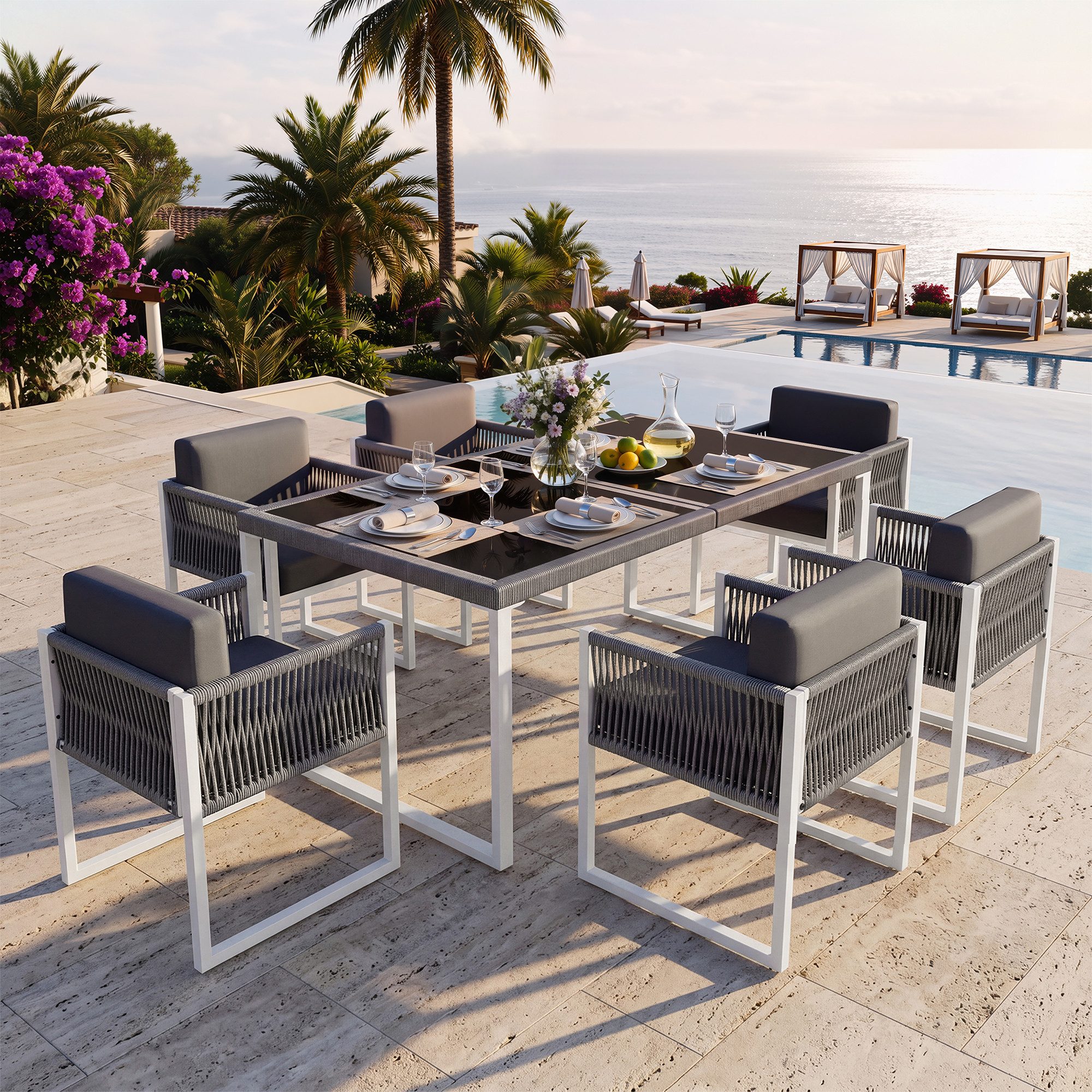 Flieks Sitzgruppe, Tisch- und Stuhlset Gartenmöbel Essgruppe aus Seil, Stuhl*6 & Tisch*1