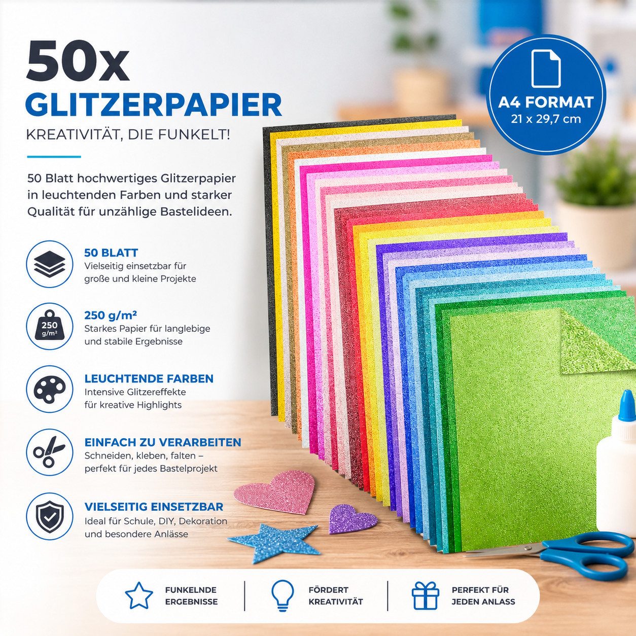 Organizabel Bastelkartonpapier 50 Blatt buntes Glitzerpapier DIN A4, 250 g/m², zum Basteln, Glitzerstruktur – Bild 3 von 5