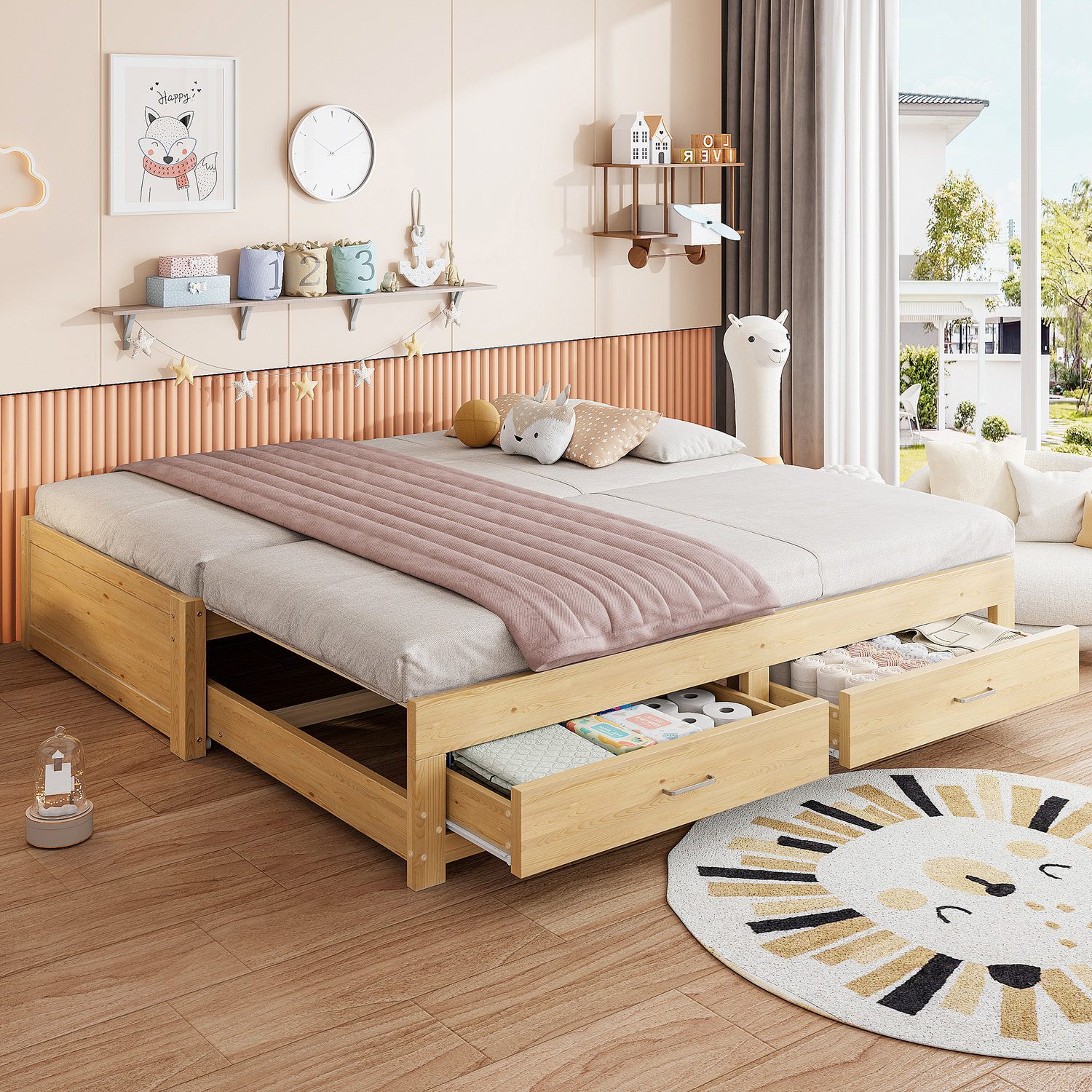 Odikalo Holzbett 90x200 Ausziehbares Schlafsofa mit Zwei Schubladen (Ohne Armlehnen und Rückenlehne, Multifunktionales Gästebett Mit Lattenrost, Ohne Matratze)