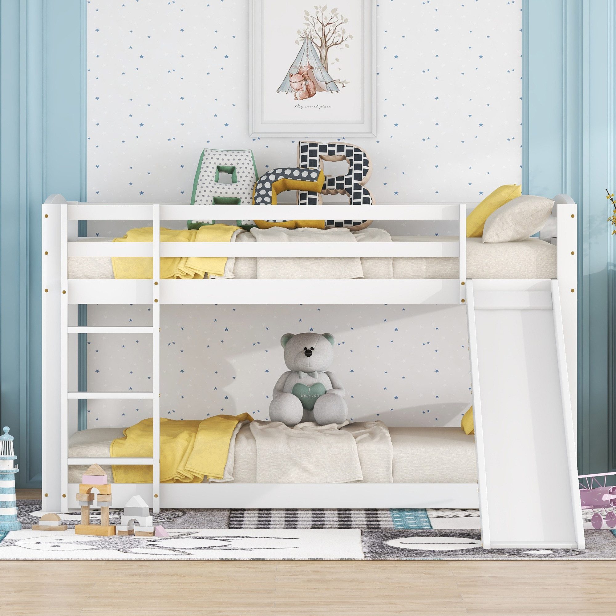 Flieks Etagenbett, Kinderbett mit Rutsche & oberem Lattenrost 90x200cm Kief günstig online kaufen