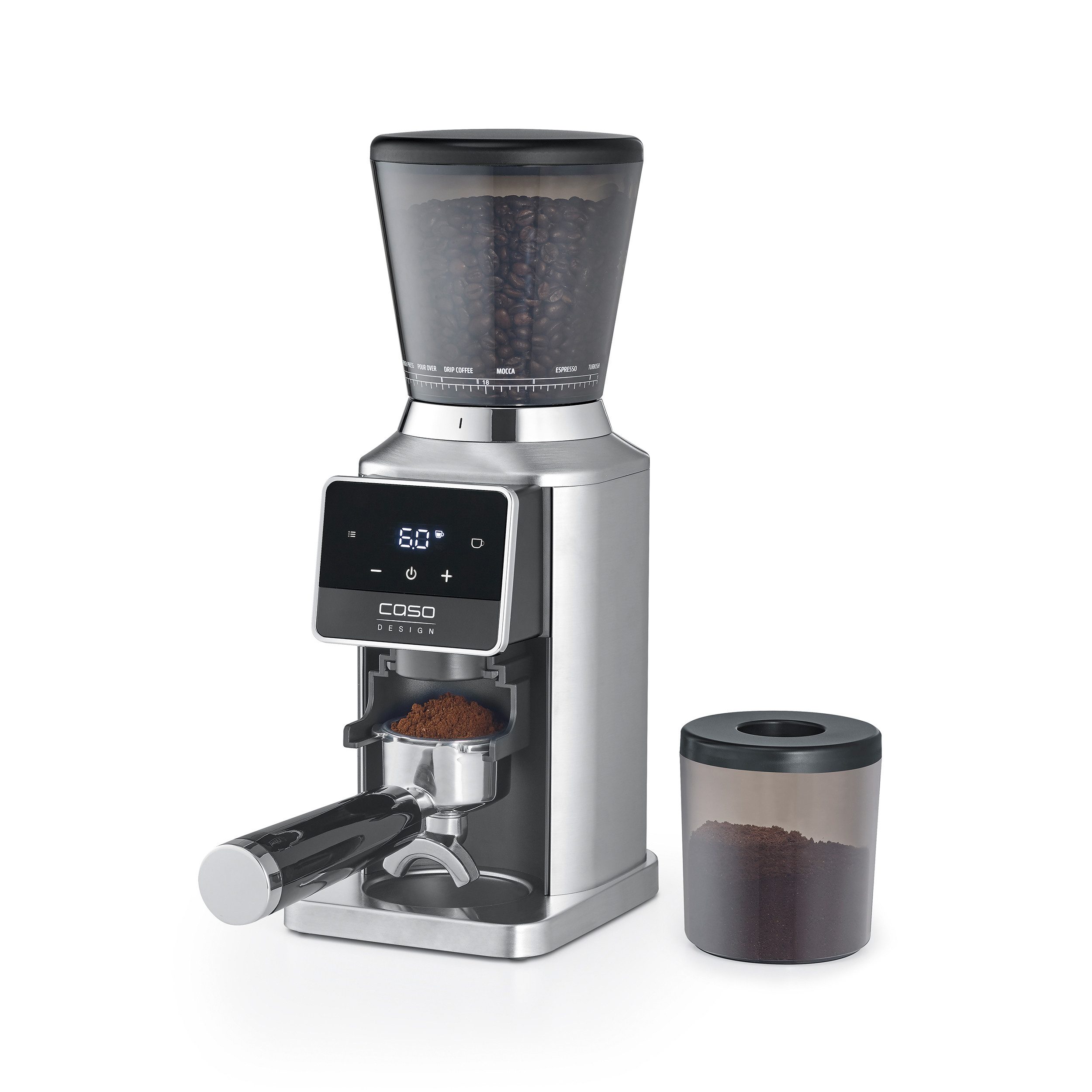 Caso Kaffeemühle BaristaChef Inox Pro, 180 W, Kegelmahlwerk, 320 g Bohnenbehälter, Zero Retention Technologie, Edelstahl-Kegelmahlwerk, 34 Mahlgradstufen