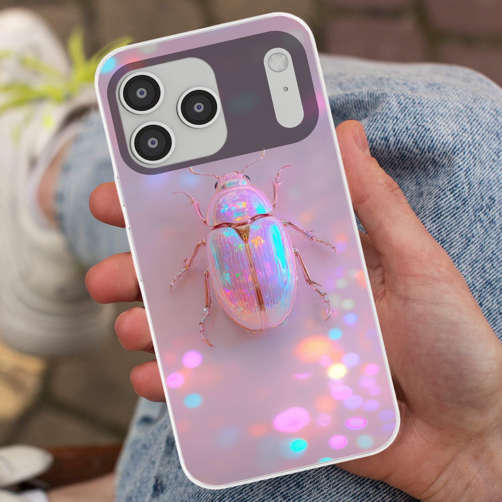 MuchoWow Handyhülle für Apple iPhone 17 Pro Max Käfer - Metallic - Lichteffekt - Rosa, Smartphone-Bumper, Print, Handy Schutzhülle Dünn