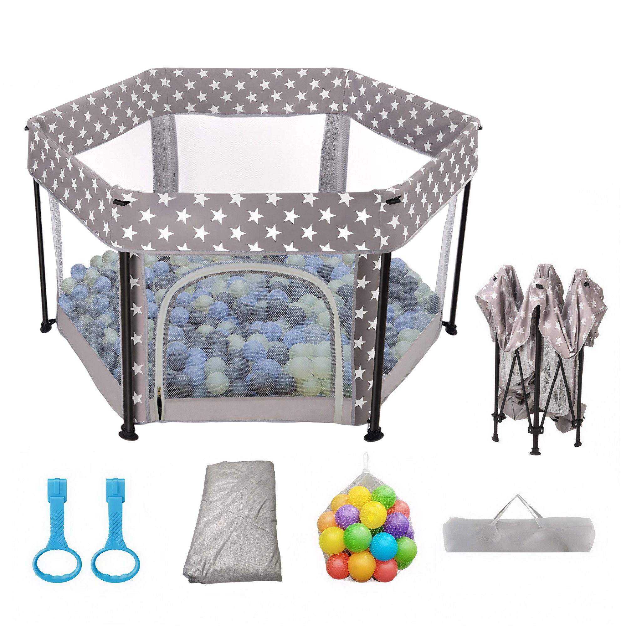 SEHAUSEU Laufgitter Laufstall baby zusammenfaltbar Krabbelgitter mit Spielmatte, mit Ozeanbällen, Tragetasche, Stehender Zugring