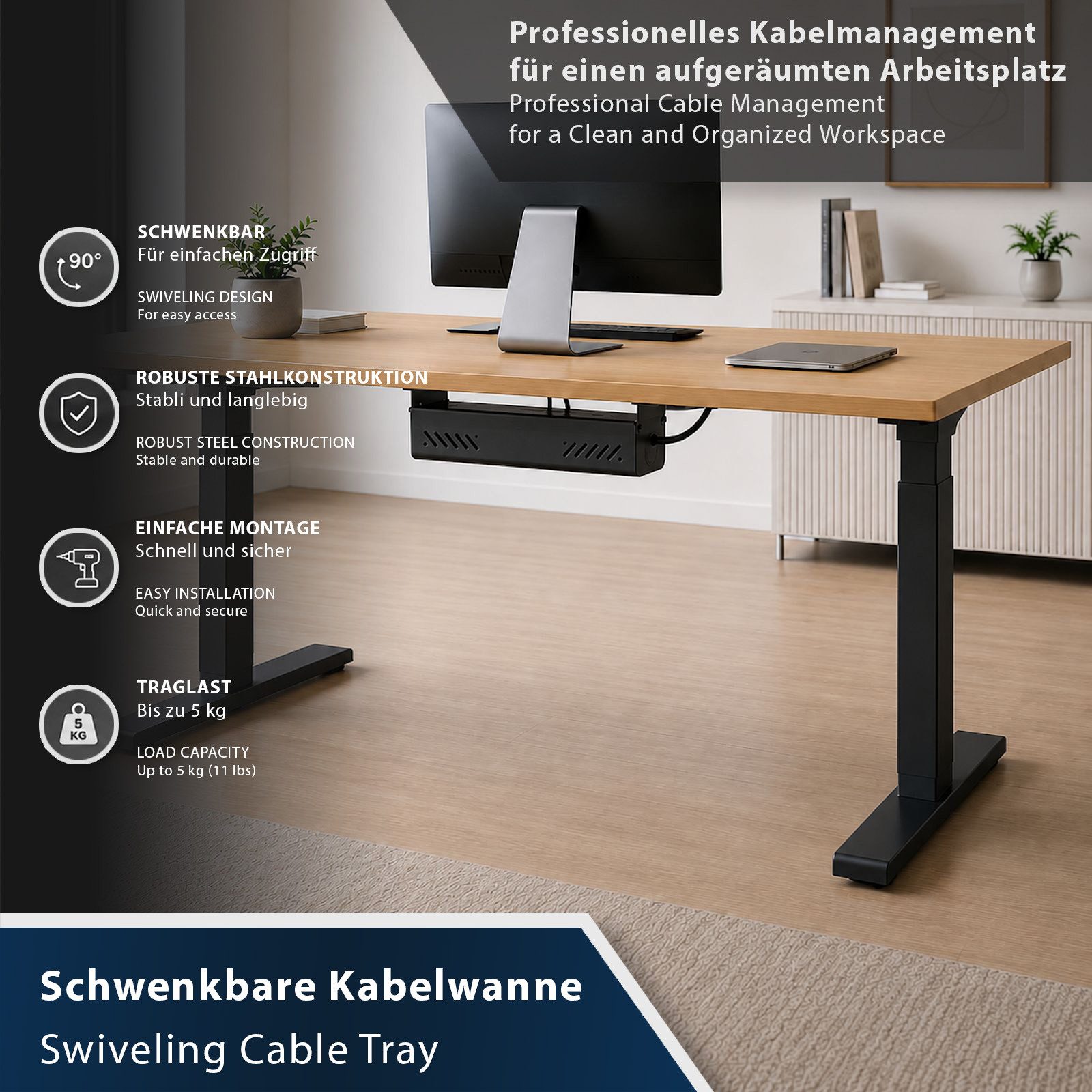 CAVO Kabelführung Kabelwanne für Schreibtische horizontal, schwenkbar (1-St), schwarz matt, Kabelmanagement 894 x 167 x 124 mm