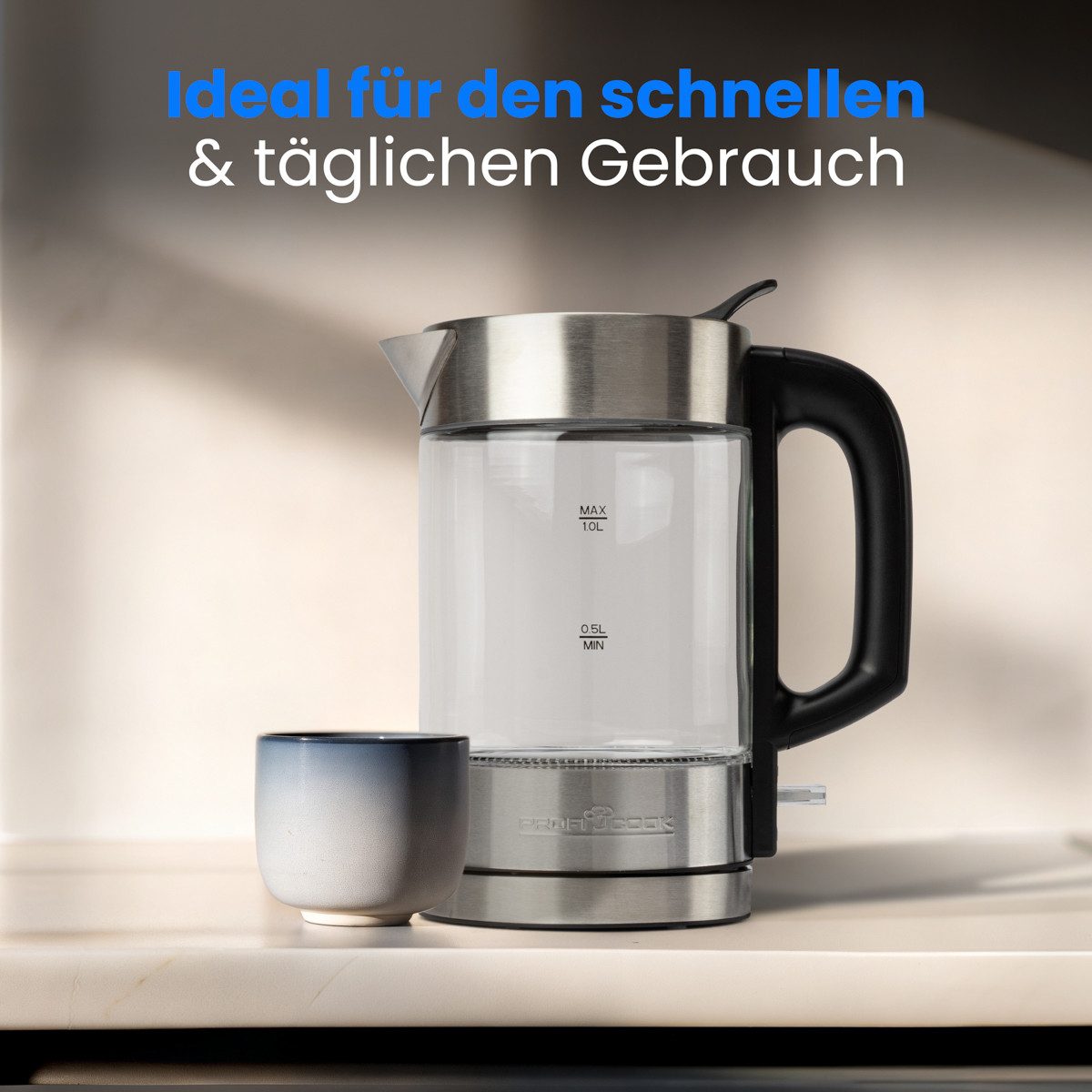 ProfiCook Wasserkocher PC-WKS 1229 G, Wasserkocher Edelstahl, 1L, blau beleuchtetg