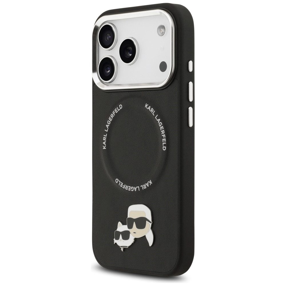 KARL LAGERFELD Handyhülle iPhone 17 Pro Max MagSafe Kunstleder Metall Pin schwarz 6,9 Zoll, Kantenschutz