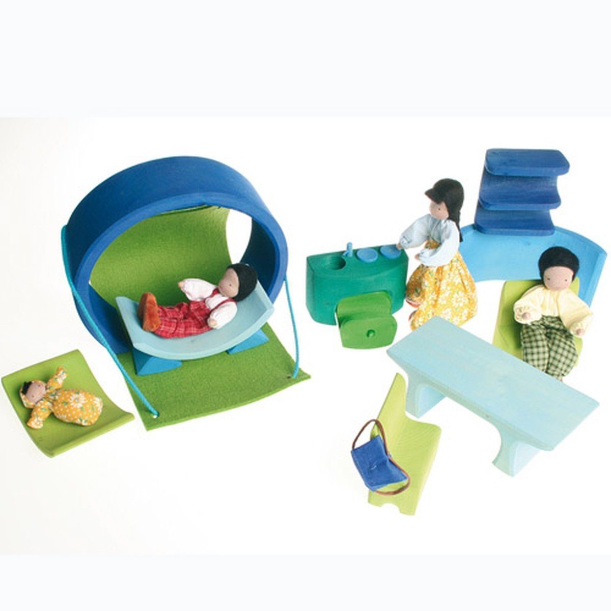GRIMM´S Spiel und Holz Design Holzspielzeug Bauhaus Blau Grün 14 Teile + Filzhülle mit Kordel Spielbausteine