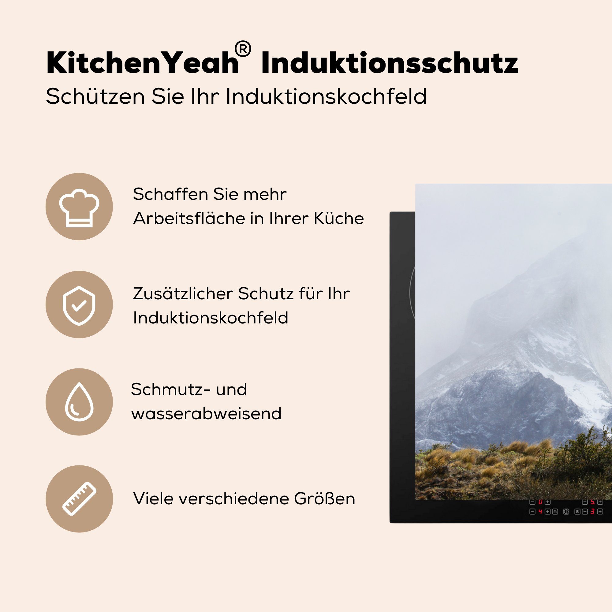 MuchoWow Herdblende-/Abdeckplatte Lama (1 die Berge, - Schnee küche, Induktionskochfeld Vinyl, Schutz Ceranfeldabdeckung cm, - 81x52 tlg), für