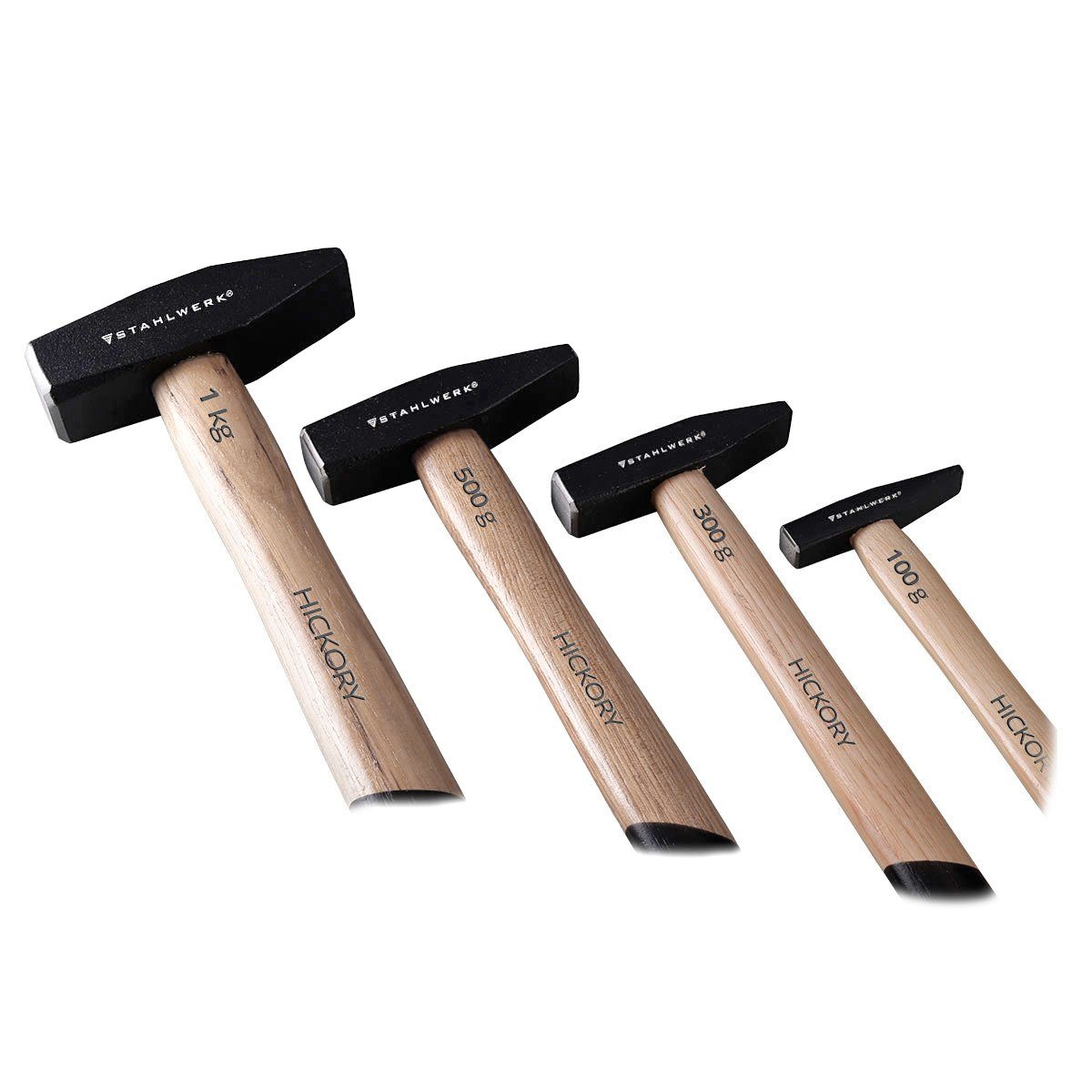 STAHLWERK Hammer Schlosserhammer Set 100g 300g 500g 1000g geschmiedeter Stahl Hickory (Set, 4-St., Set), vibrationsdämpfender Griff aus Hickory-Holz