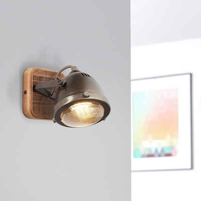 Lightbox Wandleuchte, ohne Leuchtmittel, rustikaler Wandspot, Kopf schwenkbar, Metall/Holz, burned steel/holz