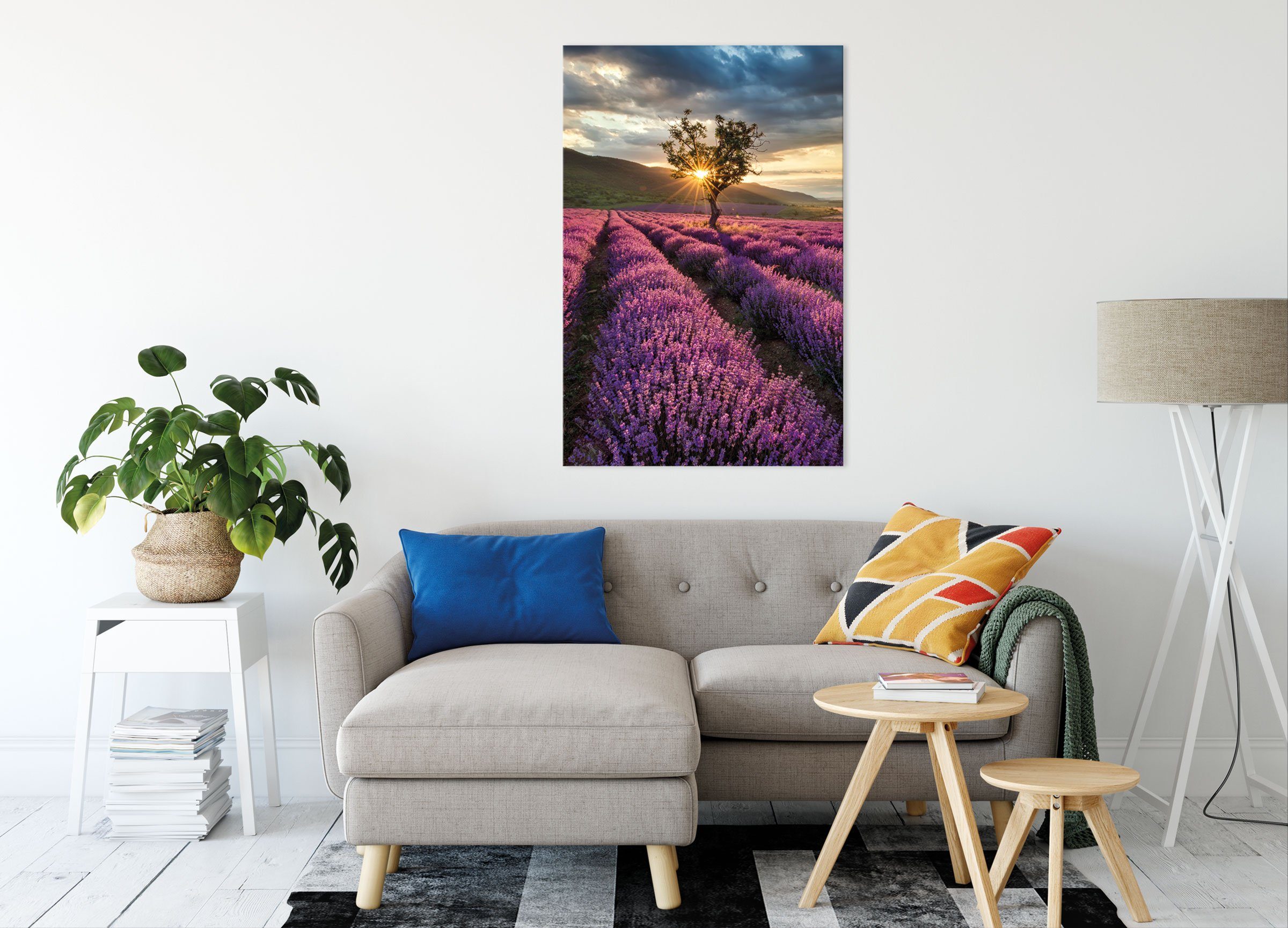 Pixxprint Leinwandbild Lavendel Provence mit Baum, Lavendel Provence mit Baum (1 St), Leinwandbild fertig bespannt, inkl. Zackenaufhänger