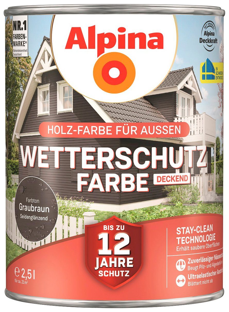 Alpina Wetterschutzfarbe Wetterschutzfarbe, deckend, Graubraun Liter m² 21 ca. seidenmatt, für 2,5