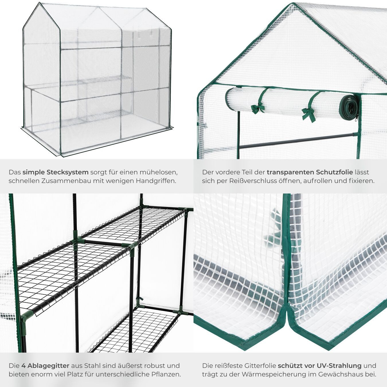 tectake Gewächshaus Foliengewächshaus mit Plane, Set, inklusive Spannseile und Heringe, 186 x 120 x 190 cm, 3,6 m³, mit 4 Regalebenen