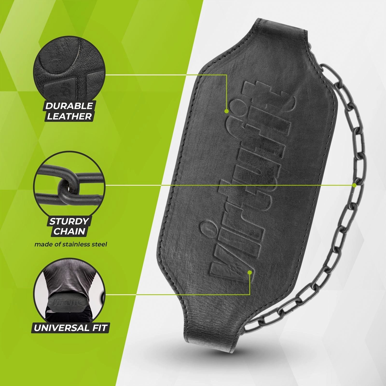 VirtuFit Dip-Gürtel VirtuFit Leren Dip Belt Pro aus Leder, Kette 105 cm, bis 100 kg