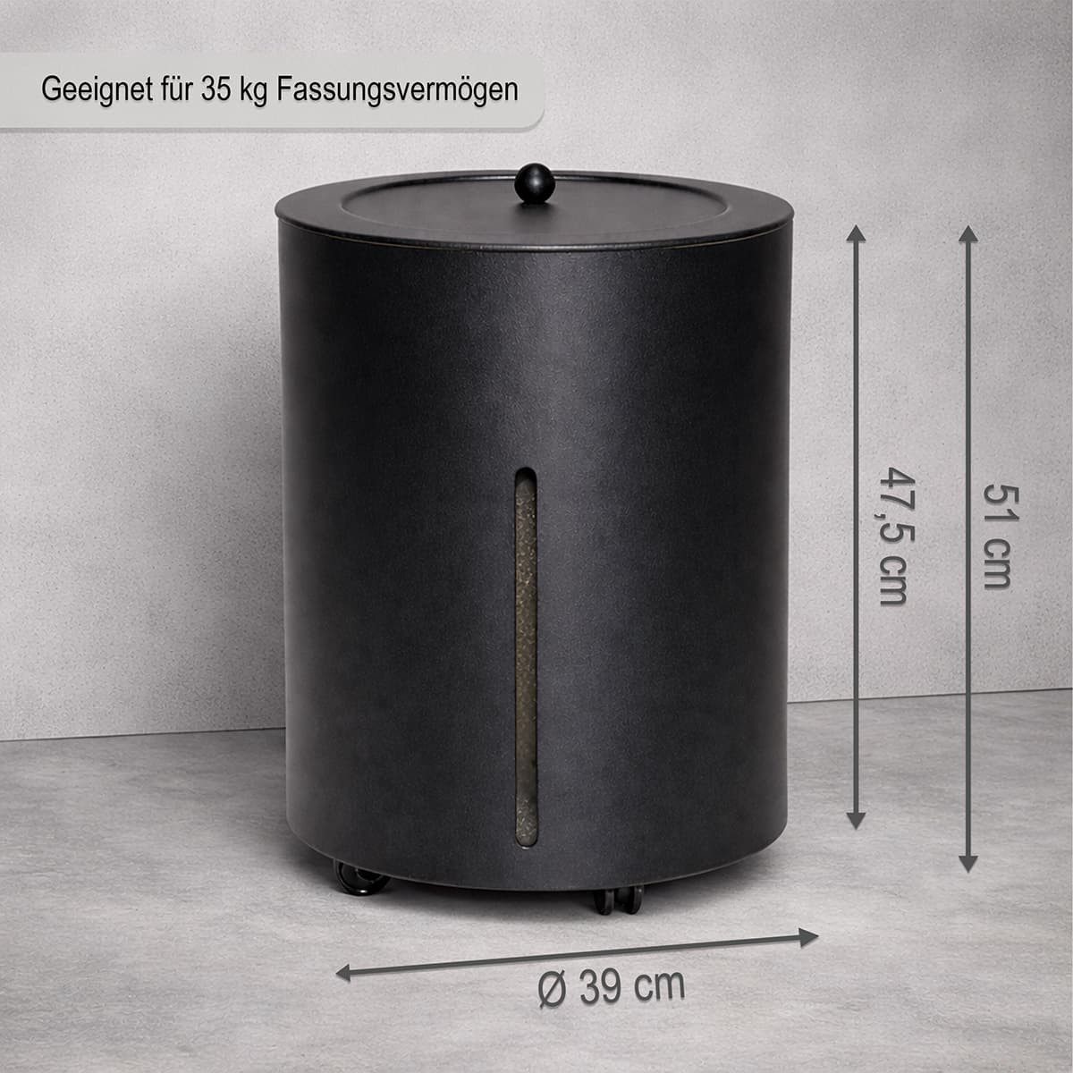 MS Beschläge Kaminholzkorb Pellets-Rollcontainer Schwarz Ø 39cm Pellettonne, Pelletbehälter h 51cm Pelletkorb mit Deckel