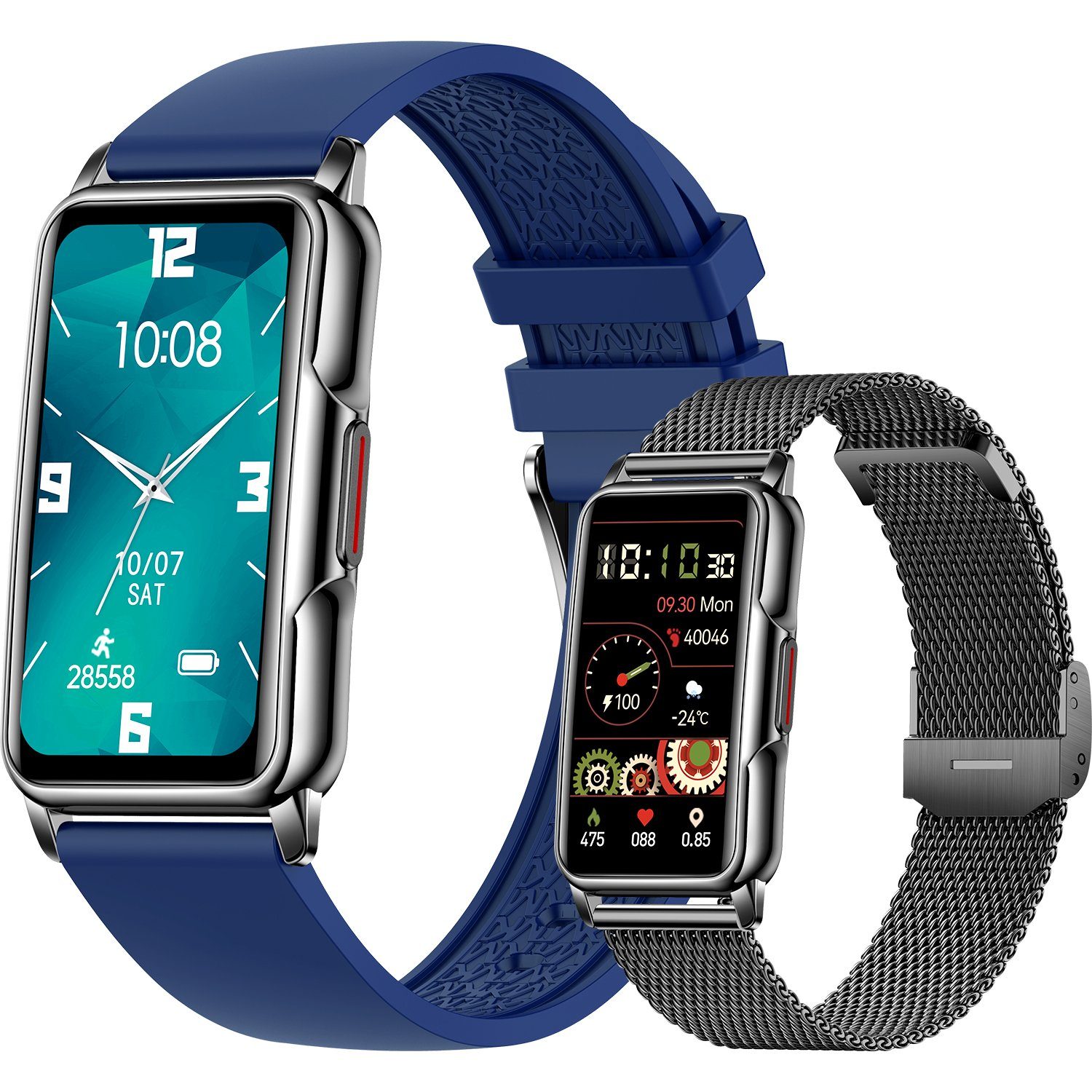 Mutoy Smartwatch, Fitness Tracker Uhr für Damen, Aktivitätstracker Uhren Smartwatch (1,47" HD Voll Touchscreen Zoll), mit 2 Wechselband aus wechem Silikon und Armreif Uhrenarmbänder, Pulsmesser Schrittzähler Schlafmonitor Stoppuhr Musiksteuerung Schwarz Milanaise+Blau Silikon