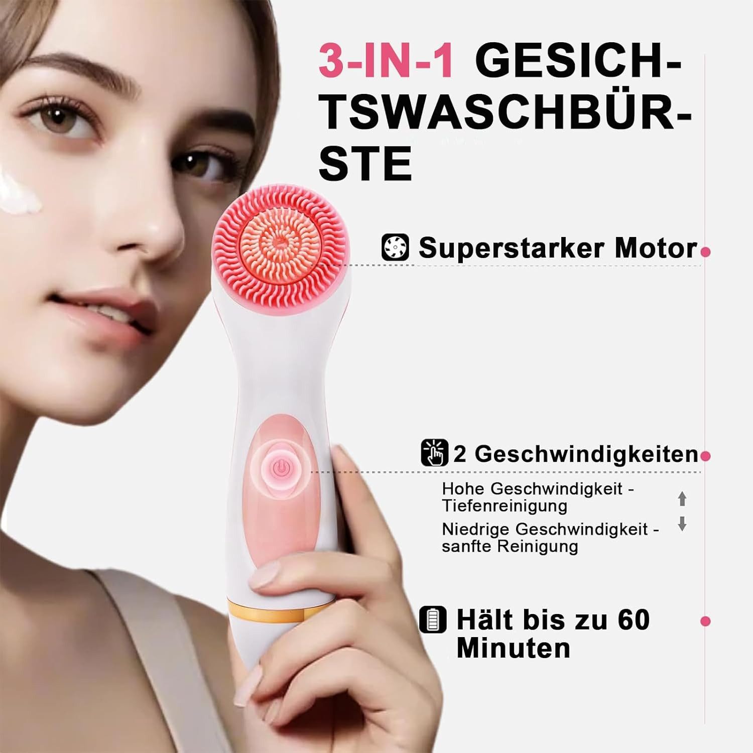 MOPUEA Elektrische Gesichtsreinigungsbürste 3 in 1 motorisierte Reinigungsbürste mit 3 Bürstenköpfen