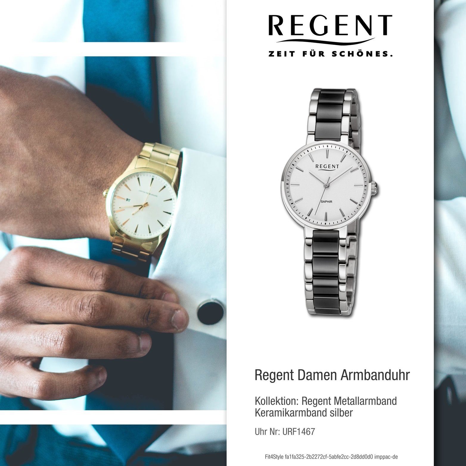 Regent Quarzuhr Regent Damen schwarz, (30mm) rundes silber, Damenuhr Armbanduhr Keramikarmband Gehäuse, groß Analog