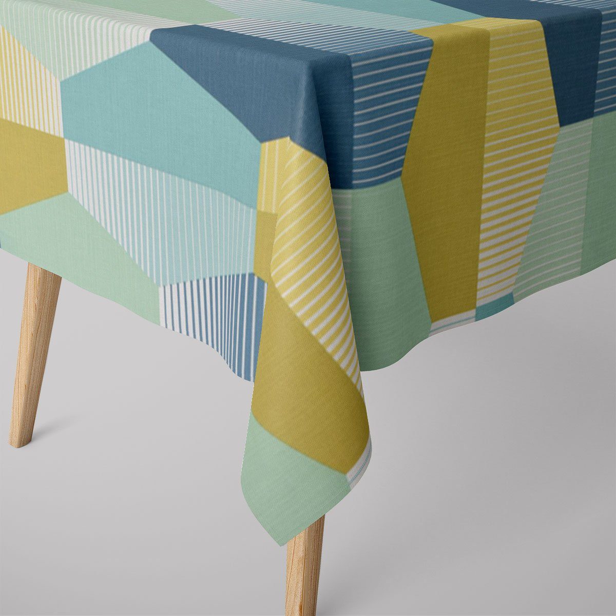 SCHÖNER LEBEN. Tischdecke SCHÖNER LEBEN. Tischdecke geometrisch Retro Sechseck blau grün weiß, handmade