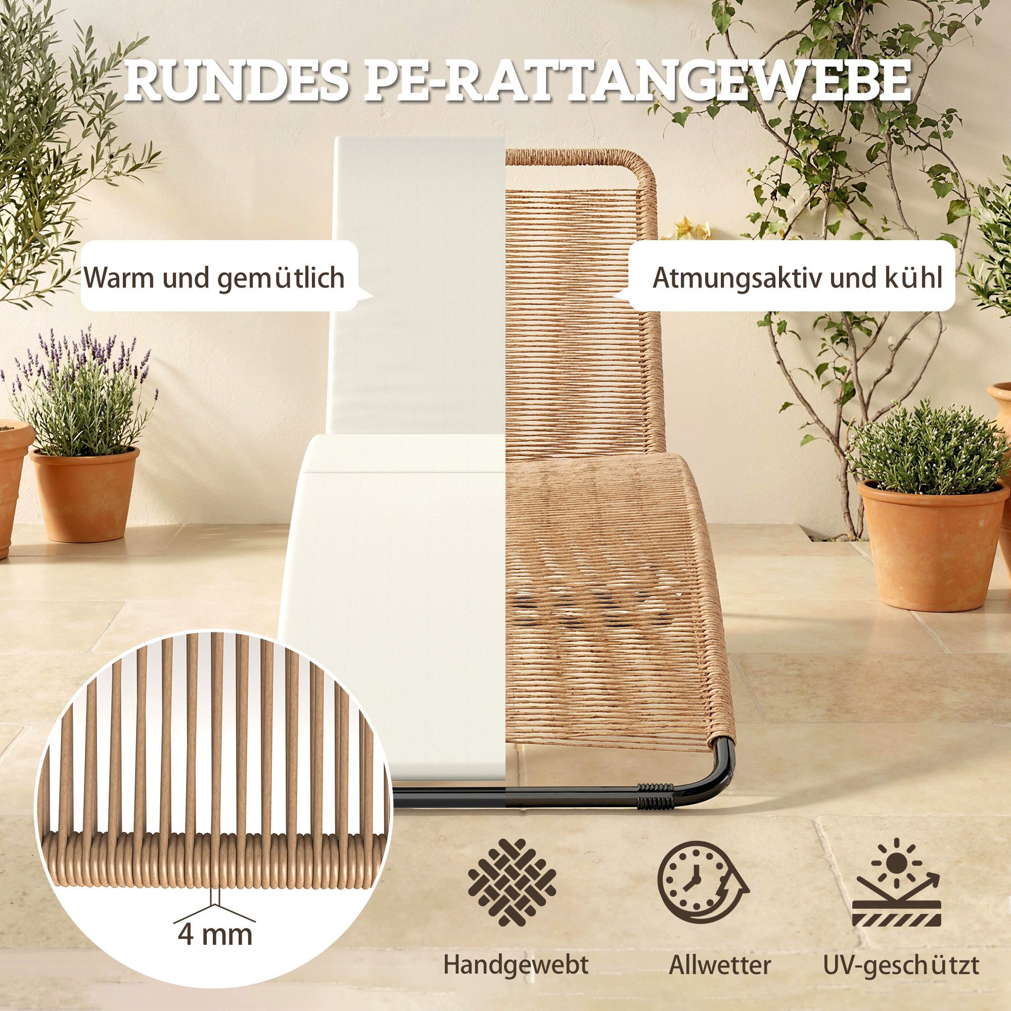 Outsunny Gartenliege Poly Rattan S-förmige Liege mit Auflage, UV-beständig, Relaxliege, 1 St., Sonnenliege, für Garten Terrasse Pool Cremeweiß – Bild 5 von 5