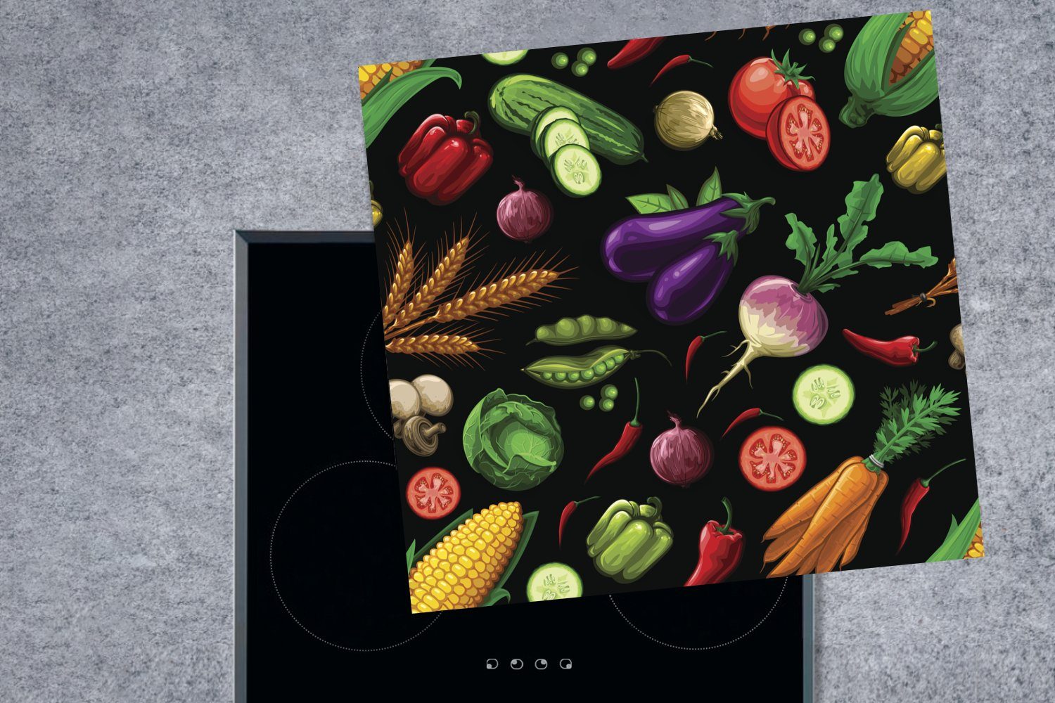 für Schwarz, - Ceranfeldabdeckung, (1 78x78 cm, MuchoWow tlg), Vinyl, - küche Herdblende-/Abdeckplatte Gemüse Arbeitsplatte Design