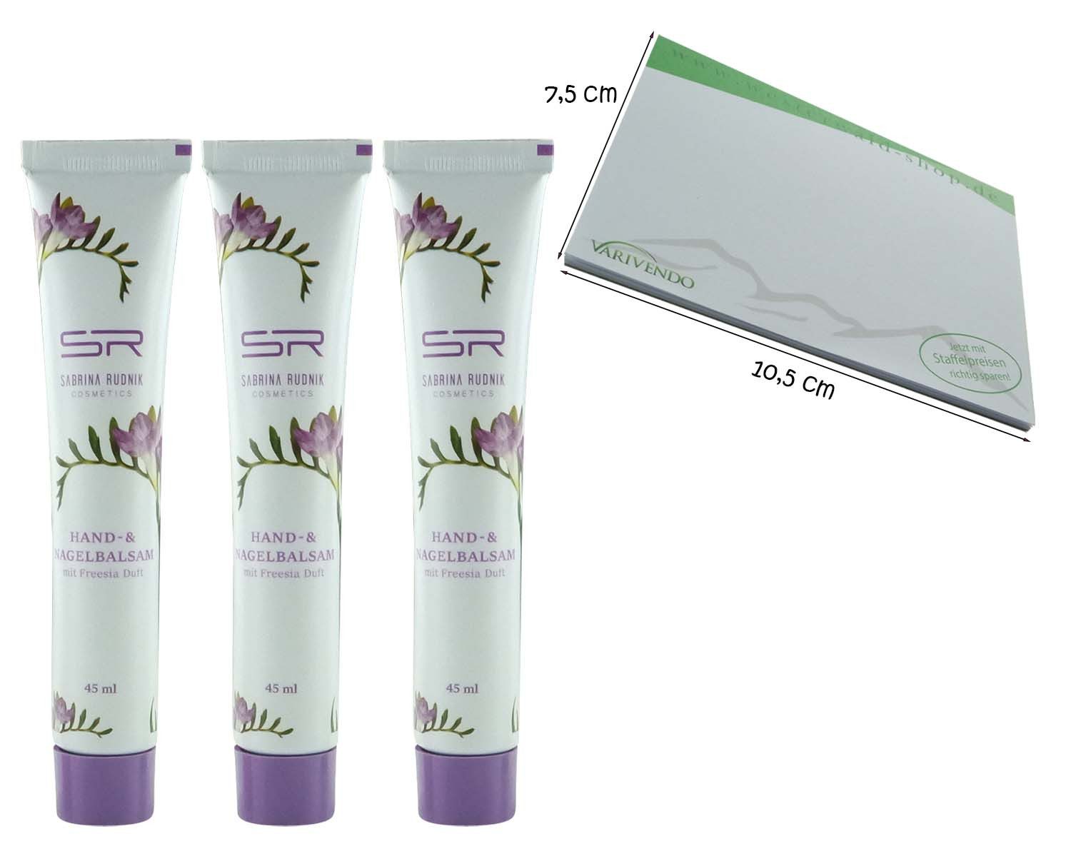 varivendo Handcreme Hand- & Nagelbalsam Freesie 3x 45ml + Notizblock Tube, 3-tlg., Handbalsam Handcreme Nagelpflege Hautpflege Creme