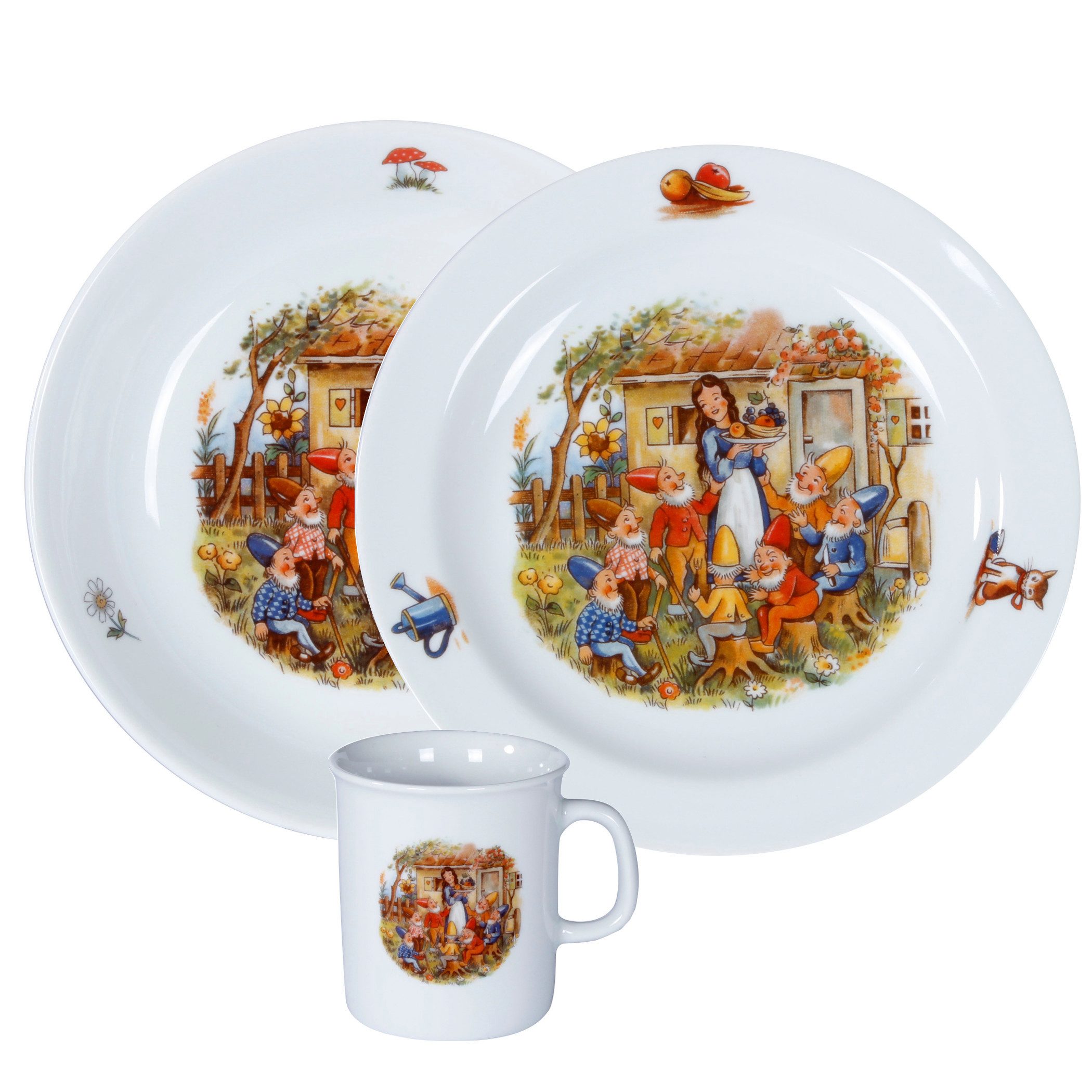 L.E.R.D.93 Kindergeschirr-Set Kindergedeck 3-tlg. Porzellan, buntes Märchenmotiv "Schneewittchen", Porzellan, Wunderschönes buntes Märchenmotiv "Der Froschkönig" .