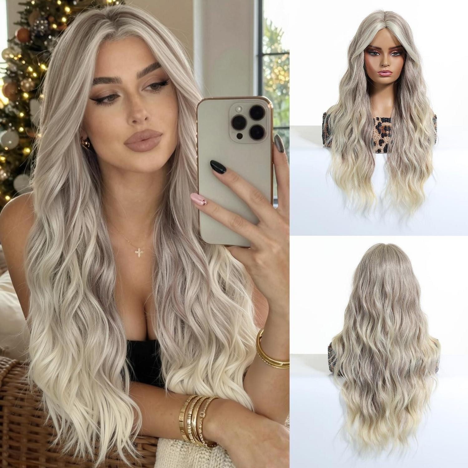 LuxusKollektion Kunsthaarperücke Wellenperücke Damen Mittelscheitel 26 inches Blonde mit Grau Highlight
