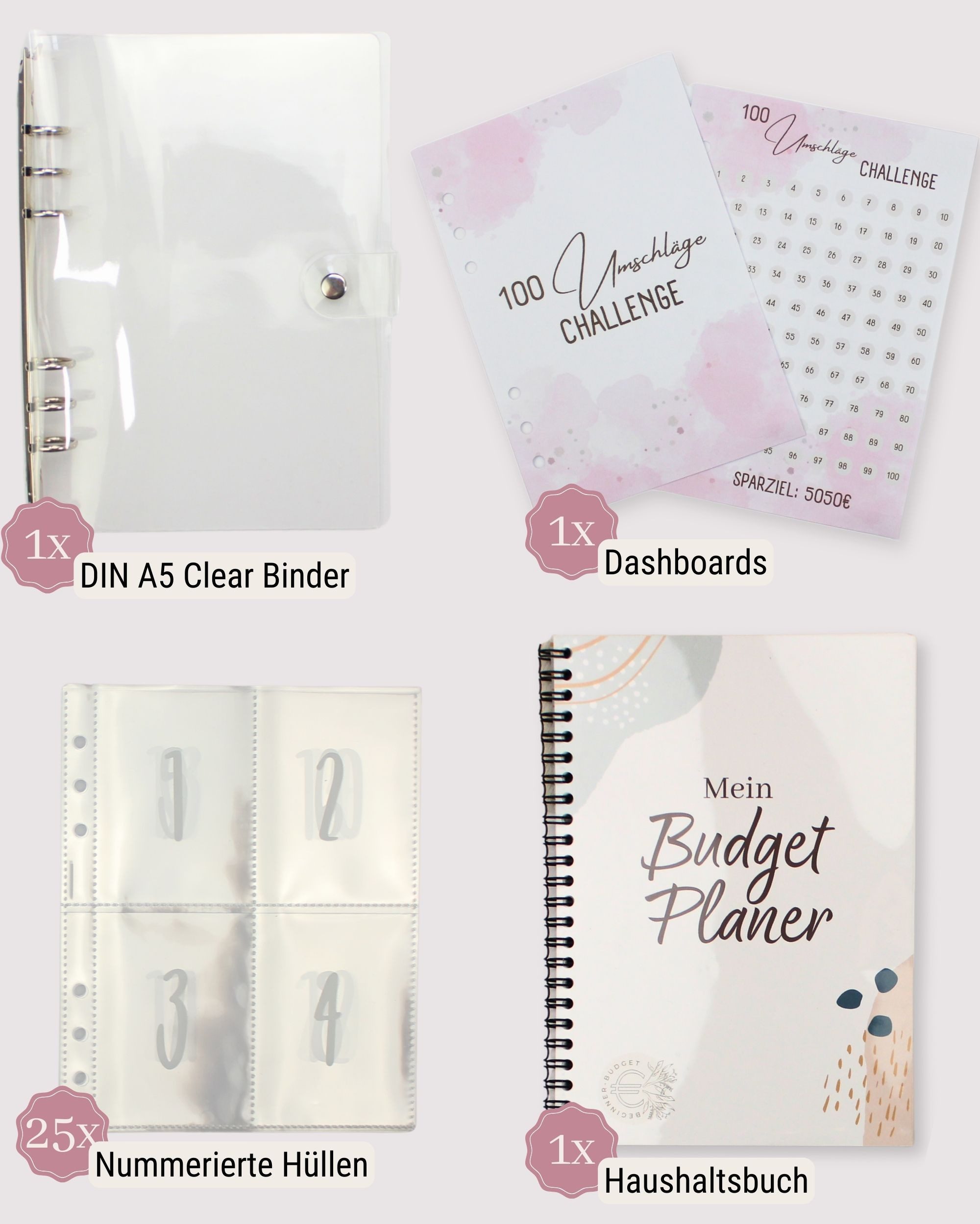BeginnerBudget Ringbuchmappe Budget Planner Haushaltsbuch + 100 Umschläge Spar-Challenge (Packung, Set), Envelope Spar-Challenge für Bargeld – A5 Clear Binder Sparbuch