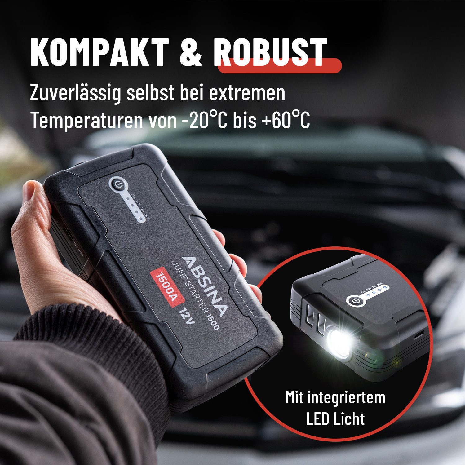 ABSINA Auto Starthilfe Powerbank 1500A - 12V Booster, Ladegerät KFZ Starthilfegerät 2500 mAh (14,8 V) – Bild 4 von 5