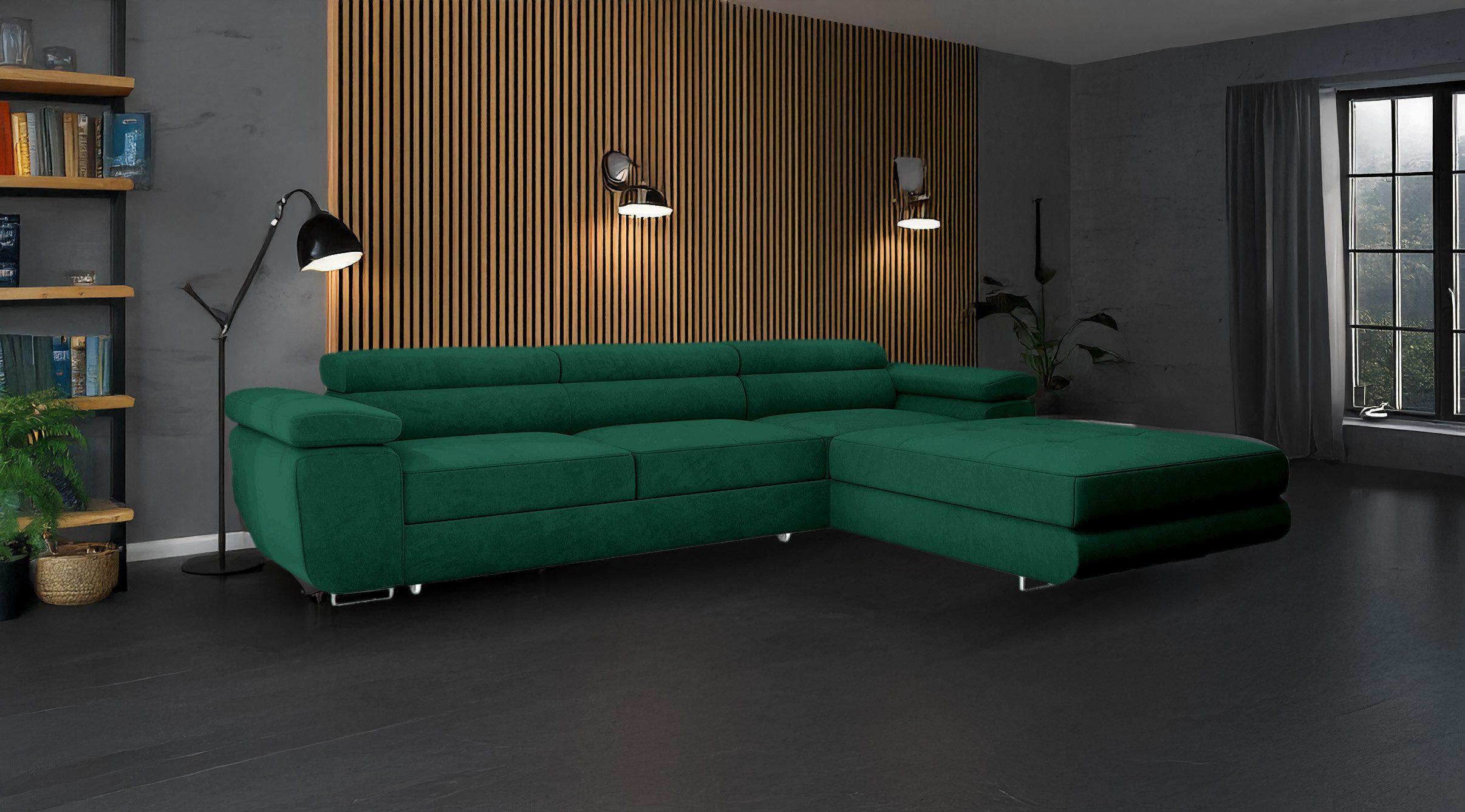 Goldstoff Ecksofa mit Schlaffunktion und Bettkasten, Designer Schlafsofa mit Bettkasten, Big Sofa - VENUS TWIN, Couch mit verstellbaren Kopfstützen in dunkelgrün