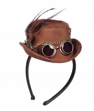 Karneval-Klamotten Kostüm Mini Zylinder Hut Steampunk mit Brille, Mini Damenhut mit Brille Feder ud Kette braun Showhut