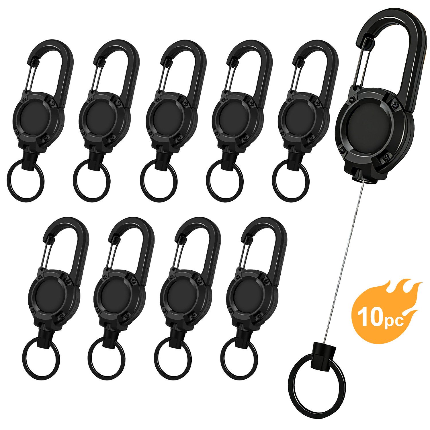 HEYHIPPO Schlüsselanhänger Multitool Karabiner – ausziehbarer Schlüsselanhänger & Badgehalter (Set, ausziehbare Schlüsselhalter mit Kordel– für Ausweise & Schlüssel), Ausziehbarer Schlüsselhalter (10 Stk)mit Stahlseil 60cm,200g Zugkraft